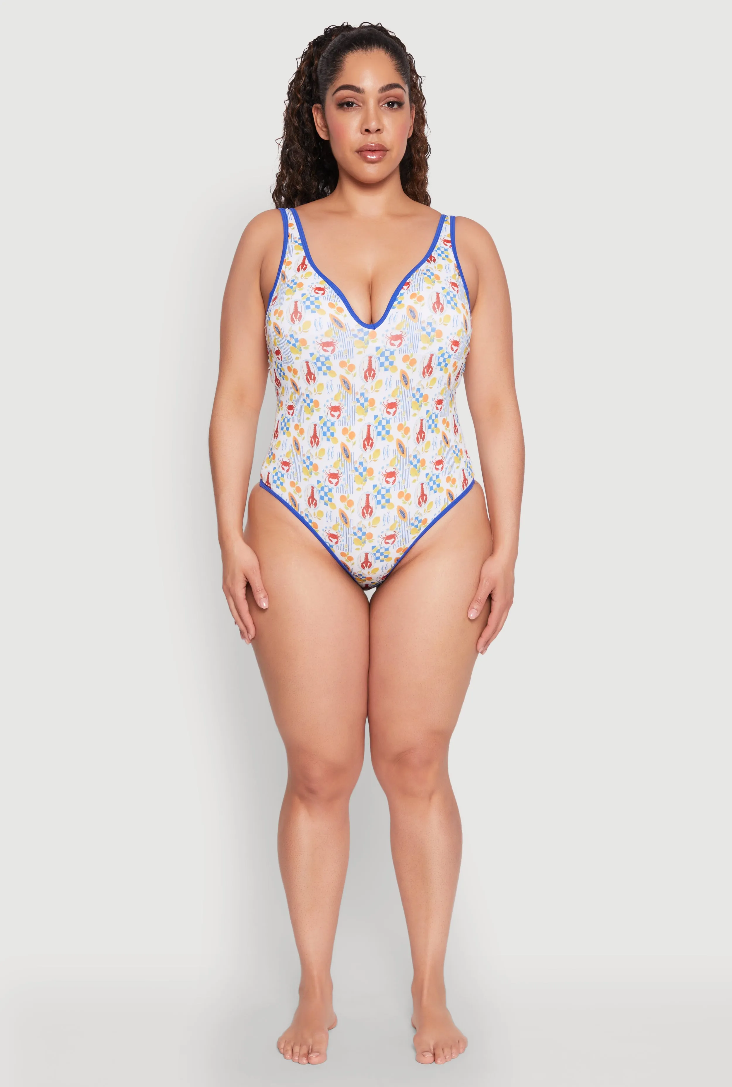Moisture Wicking Lining Molded Inner Layer Plus Size Tropical Crab Papaya Print One Piece Swimsuit