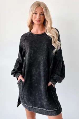 Classic cute short dress Laid-Back Glow Mineral Wash Long Sleeve Dress (Black)