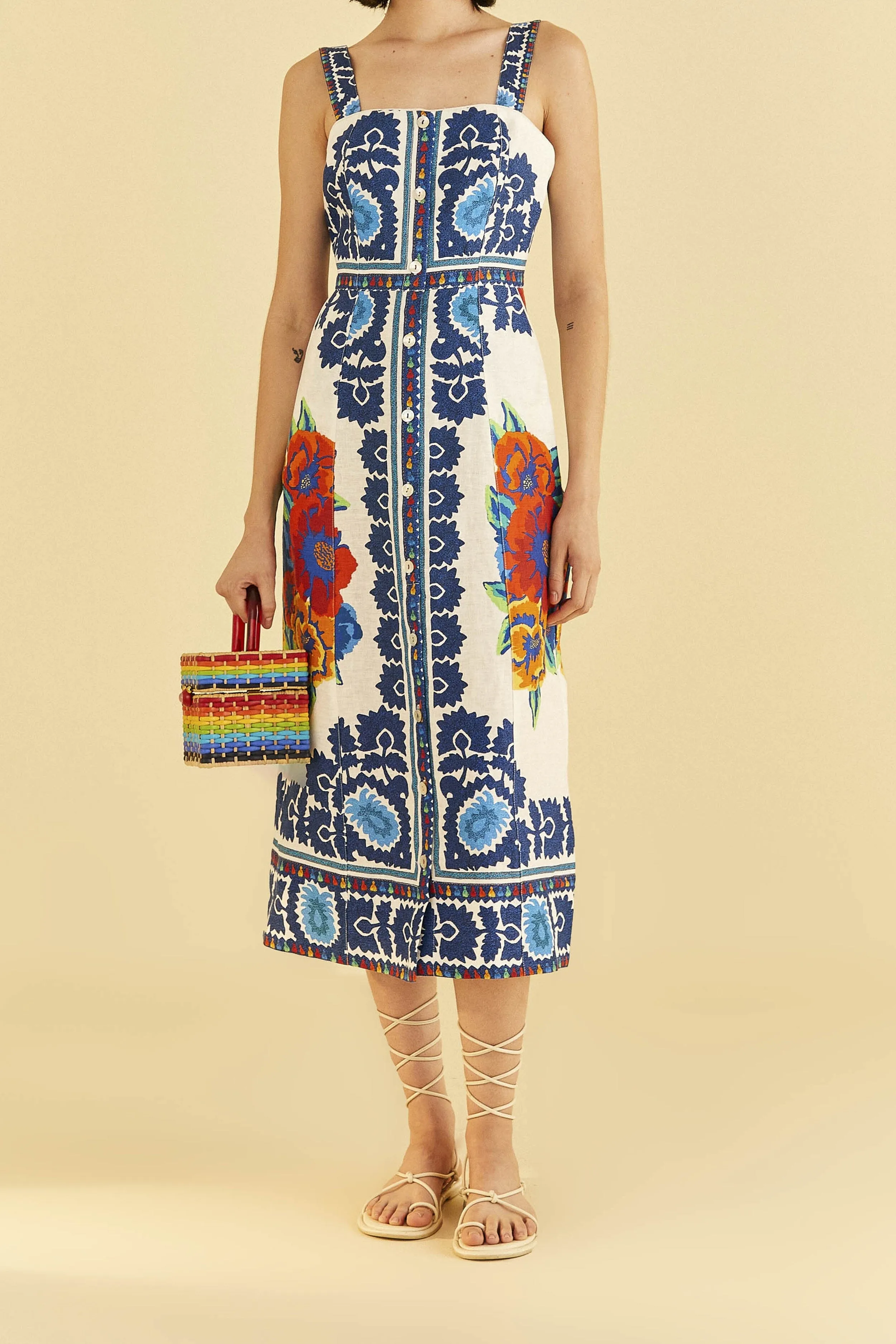 Urban Grace Chic Ease Off-White Flower Tapestry Midi Dress