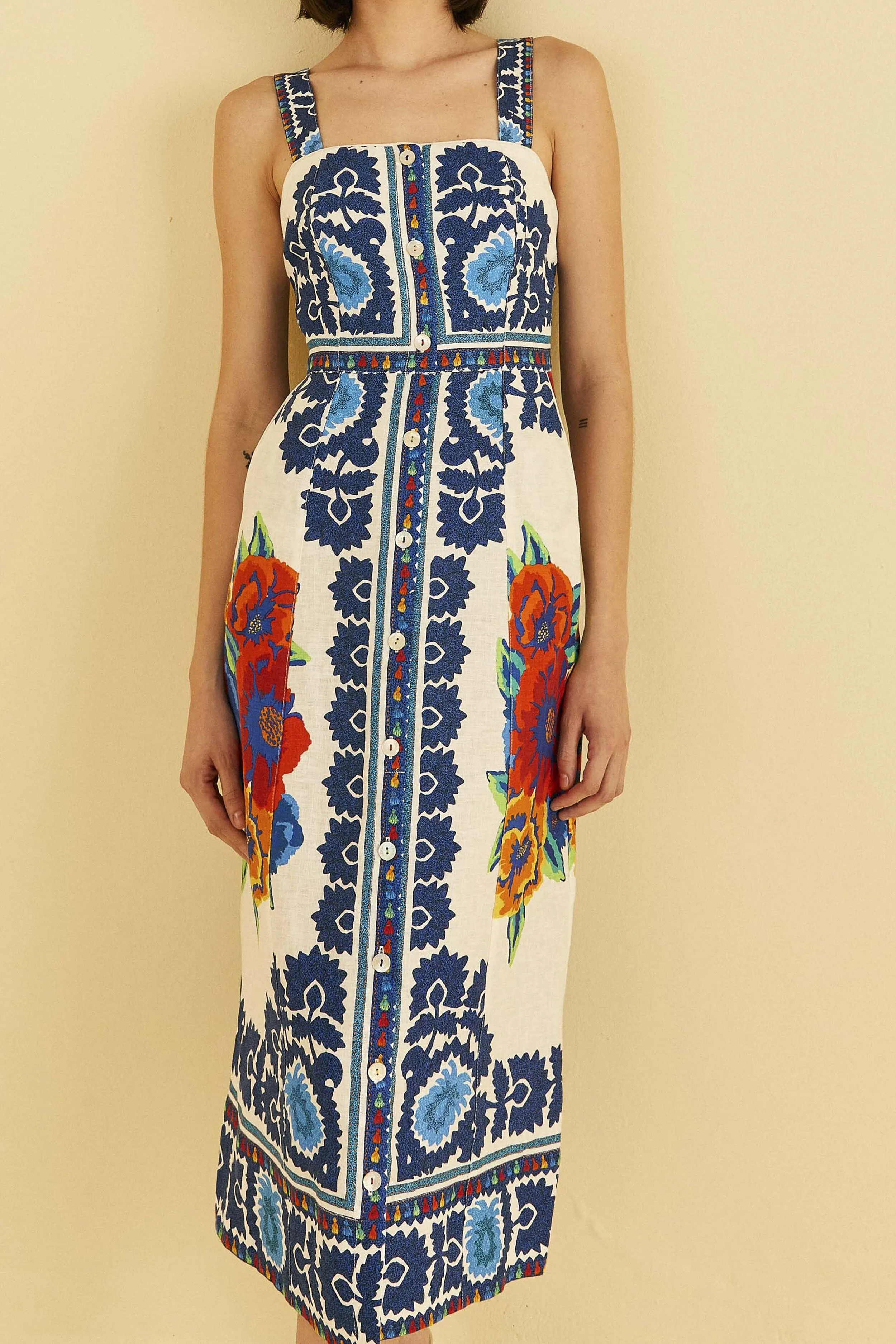 Japanese Neat Off-White Flower Tapestry Midi Dress