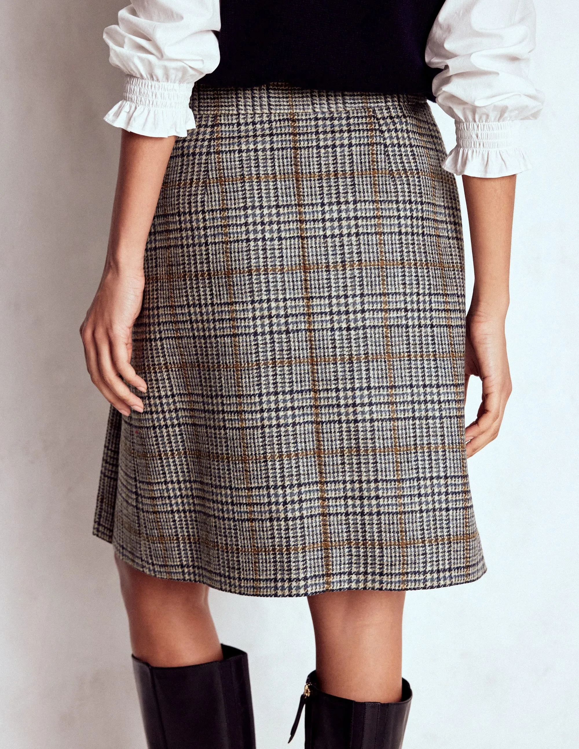 Helen Wool Kilt Skirt-Blue, Grey Prince of Wales City Style High Shine
