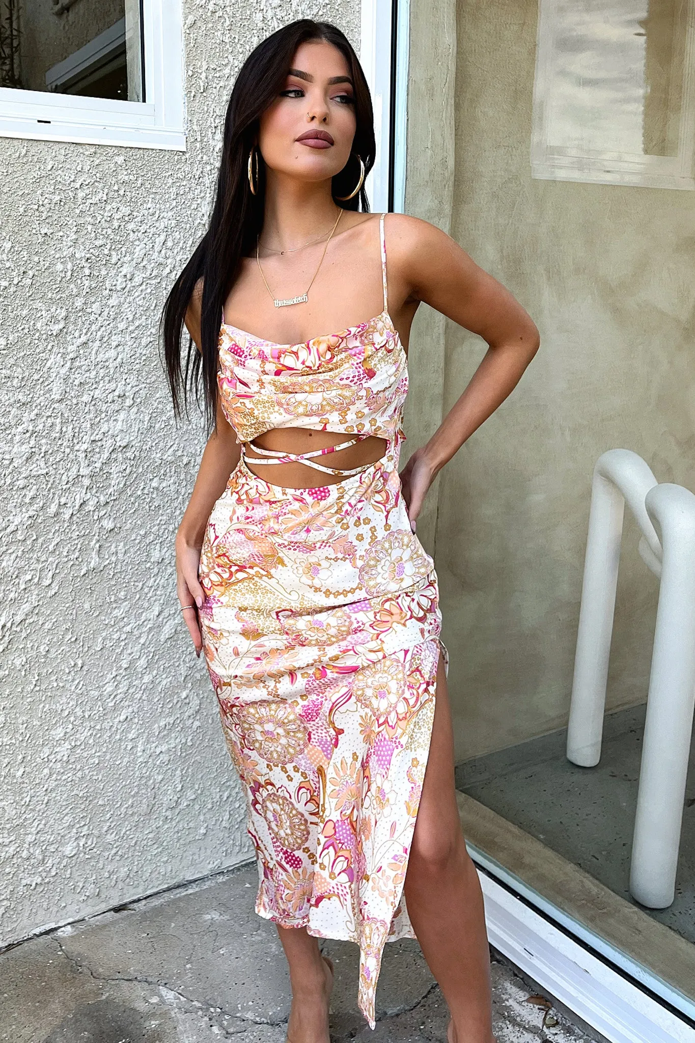 Linen Cool Florence Midi Dress - Pink Floral
