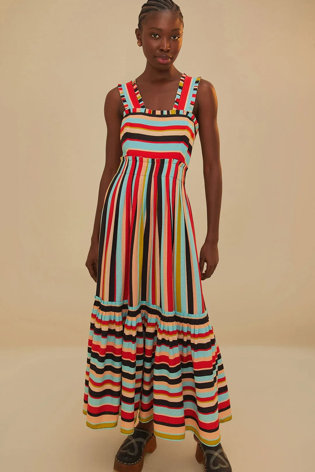 Boardwalk Mood Patch Work Color Stripes Sleeveless Maxi Dress