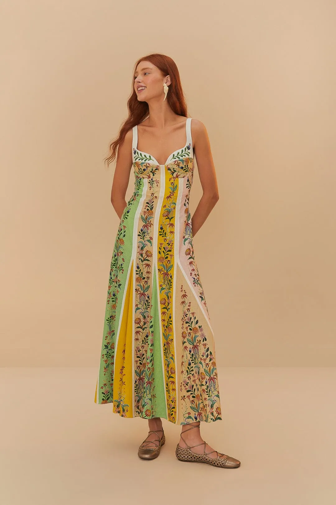 Minimalist long piece Multicolor Delicate Floral Stripes Lenzing? Ecovero? Euroflax? Maxi Dress