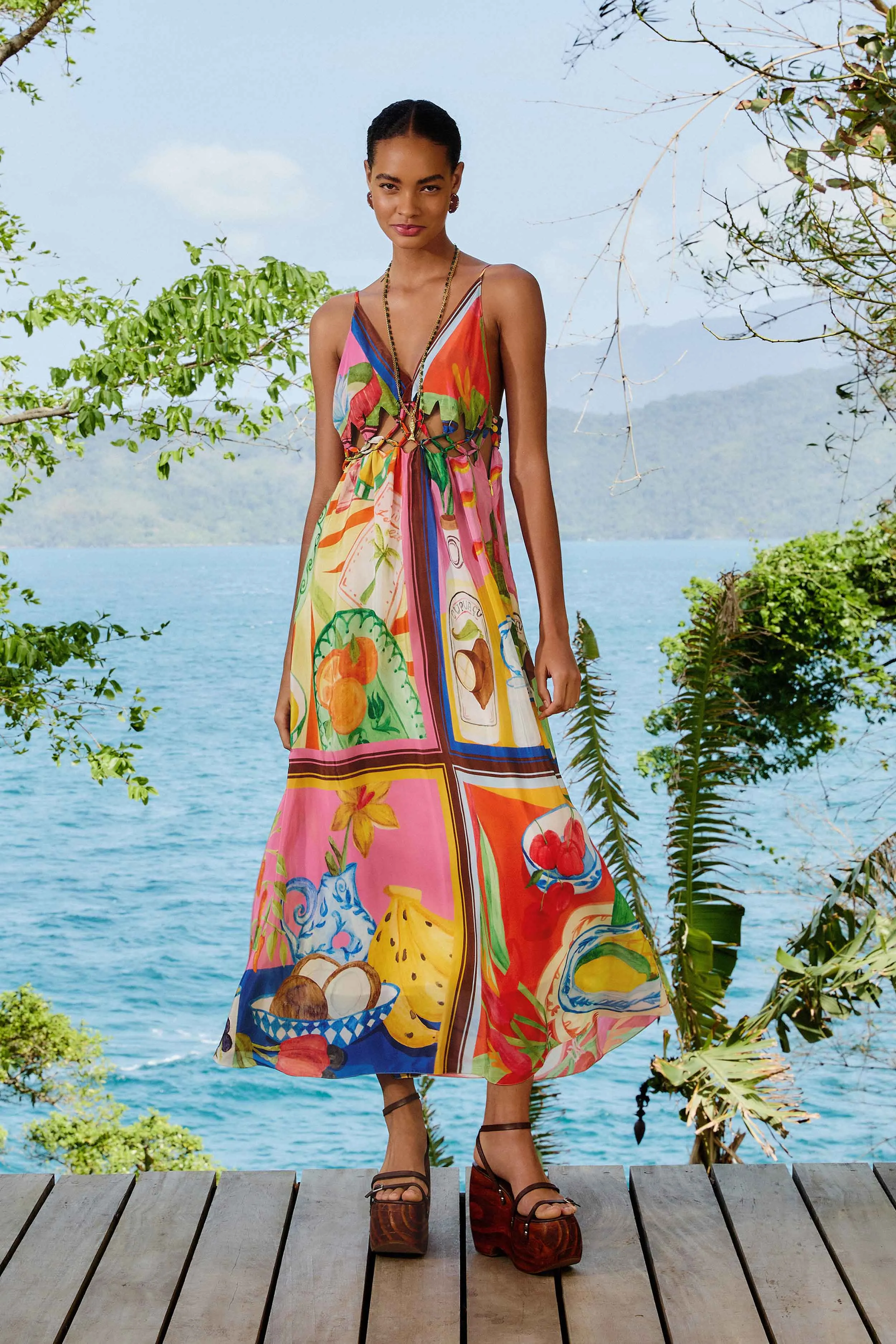 Multicolor Summer Picnic Macrame Yoke Maxi Dress Patch Work Bamboo Shade