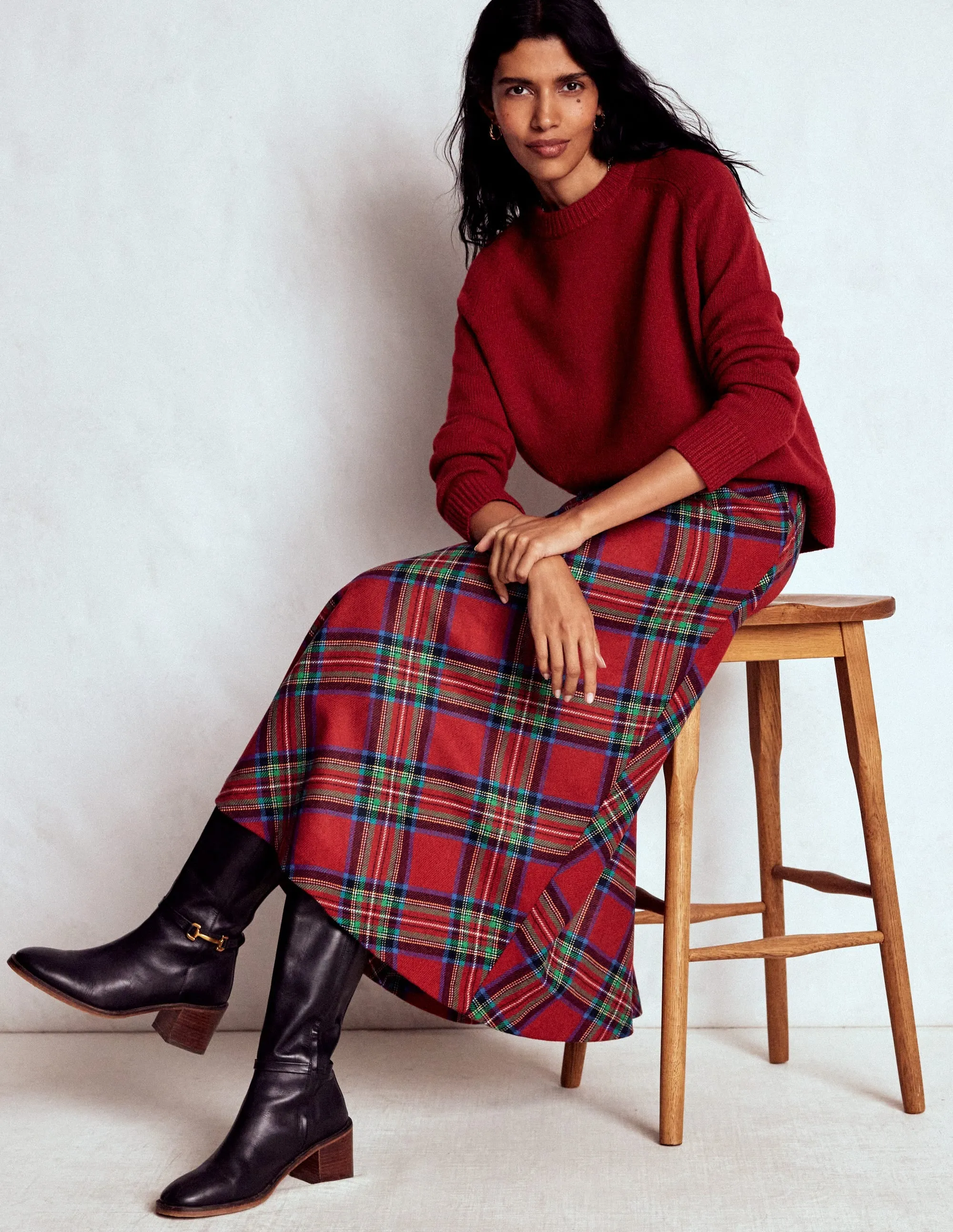 Hayley Wool Midi Skirt-Red, Blue and Green Check Fashion Mood