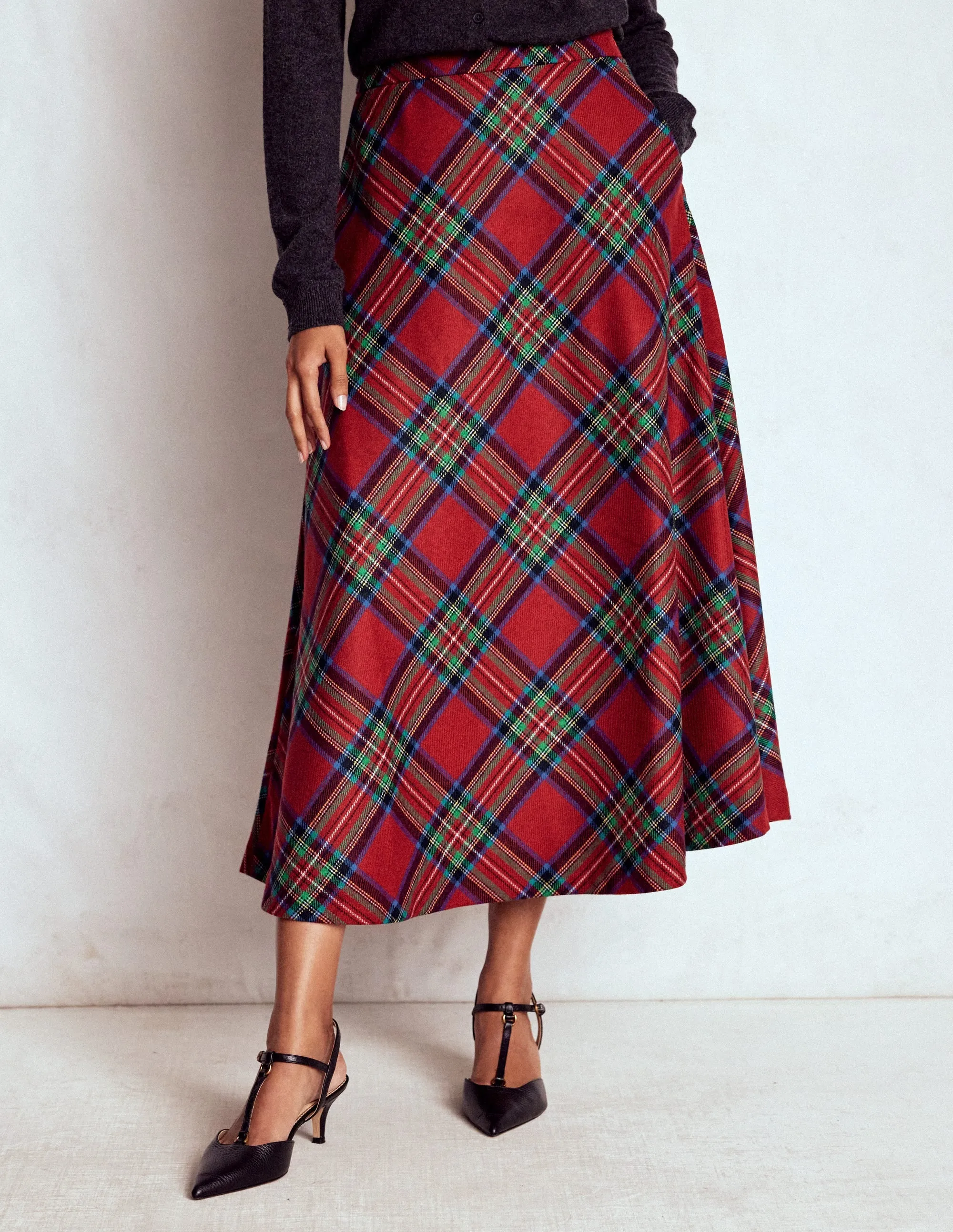 Cozy Edge Hayley Wool Midi Skirt-Red, Blue and Green Check