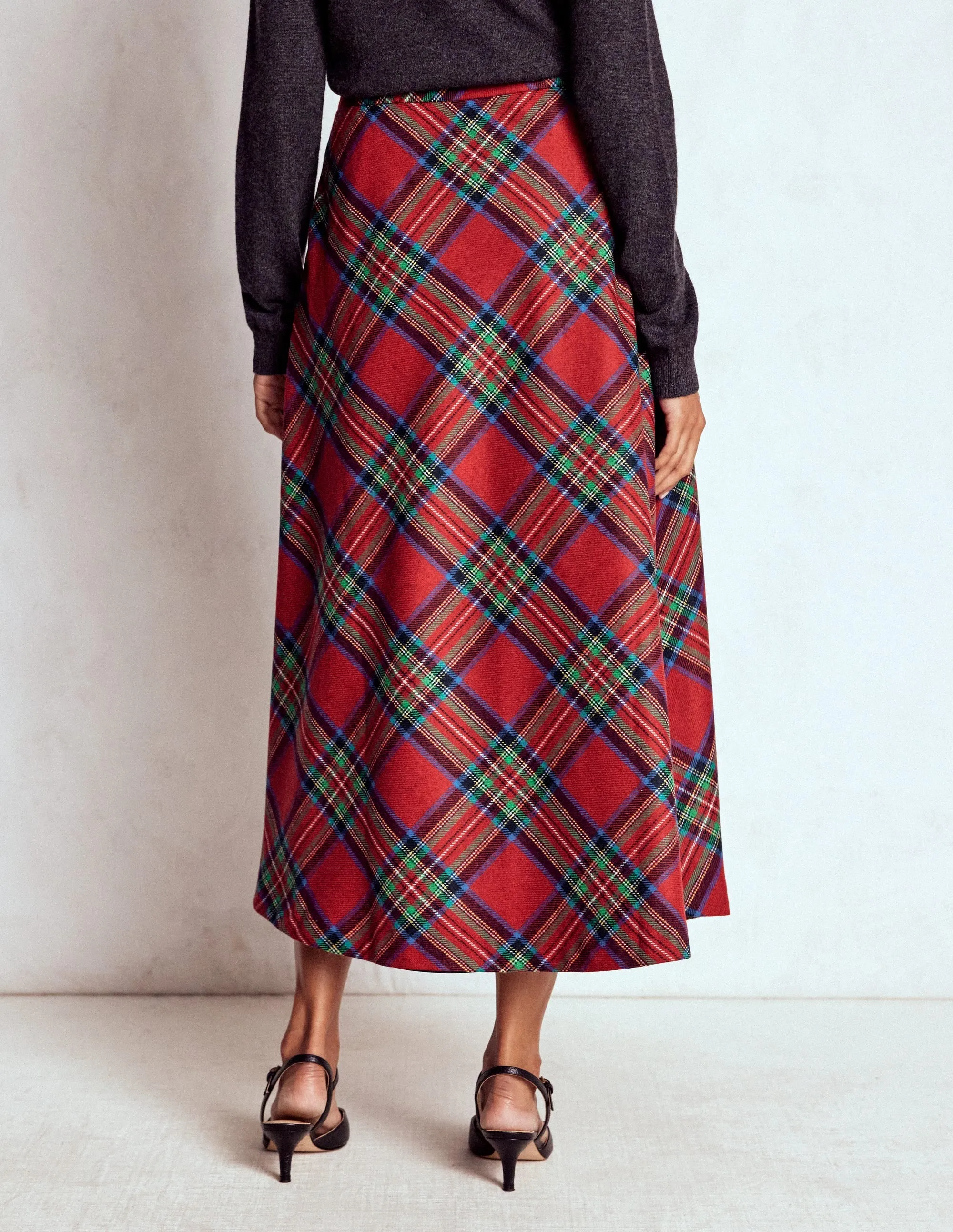 Chafe Resistant Hayley Wool Midi Skirt-Red, Blue and Green Check