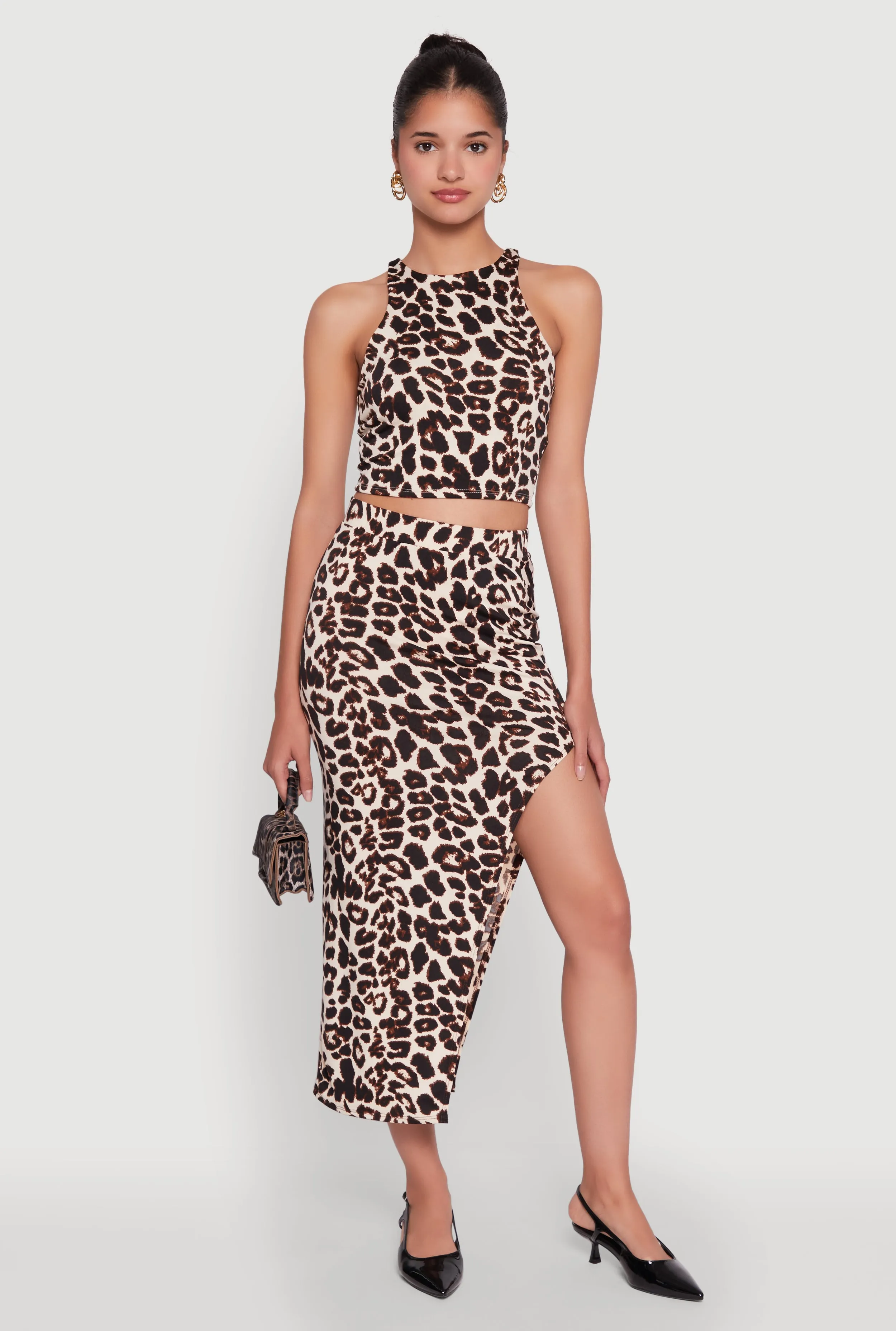 Trendy Leopard Print Side Slit High Waisted Skirt High Elasticity Material