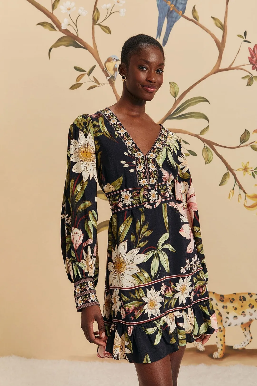 Oversized Pocket Black Surreal Flowers Long Sleeve Mini Dress