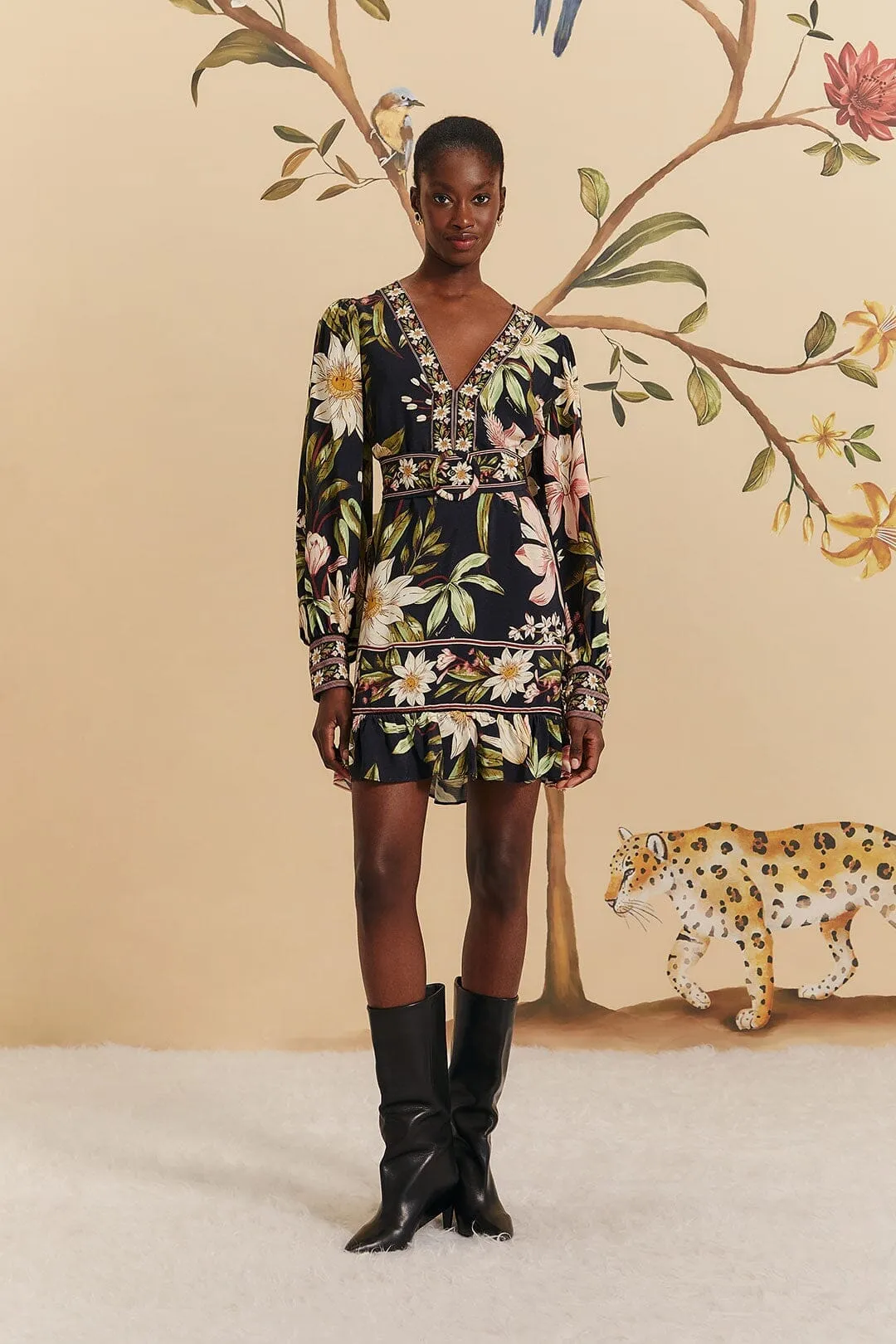 Urban Fresh Bamboo Fiber Blend Black Surreal Flowers Long Sleeve Mini Dress
