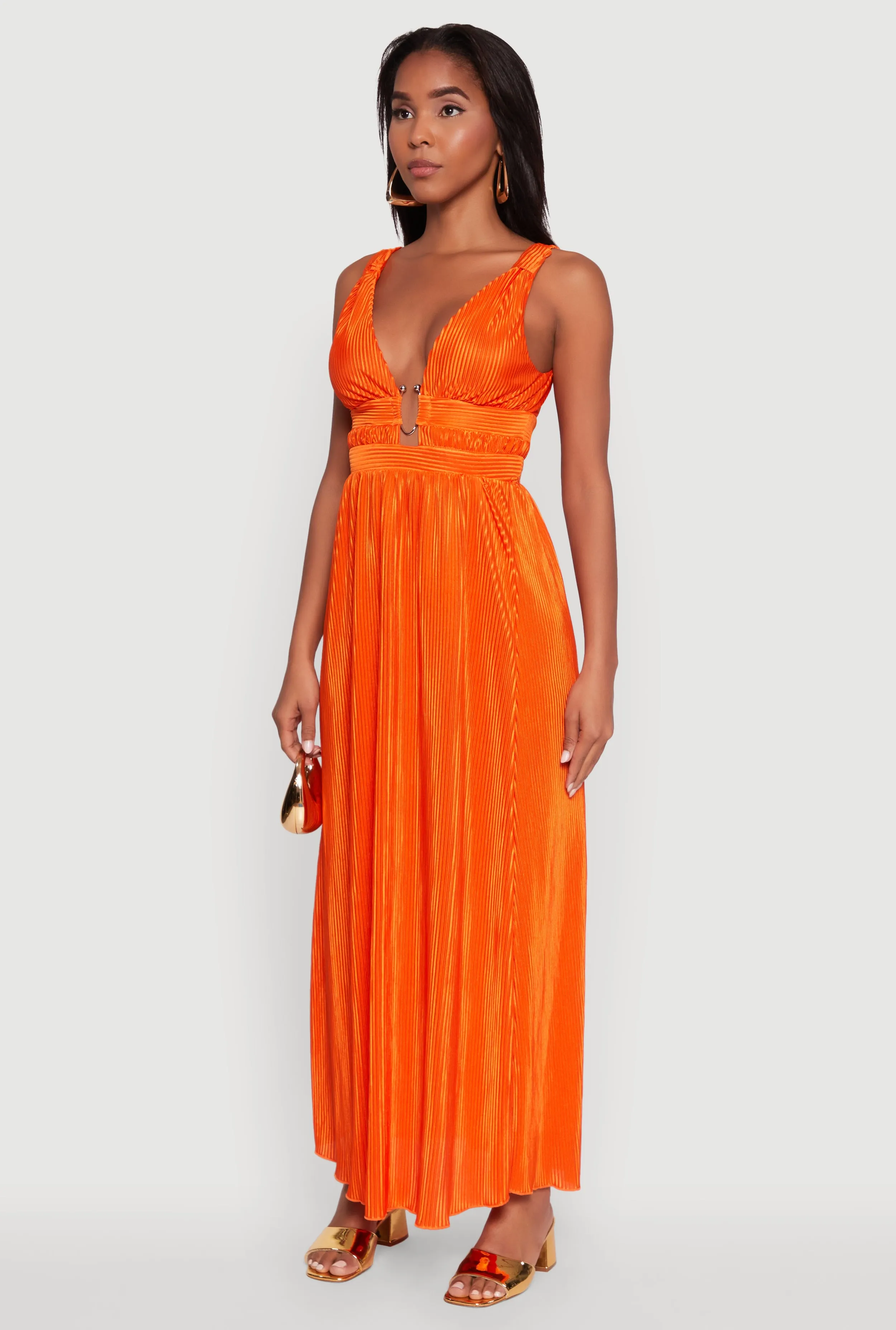 Elegant Sleeveless Plisse Empire Waist Dress Twill Glow