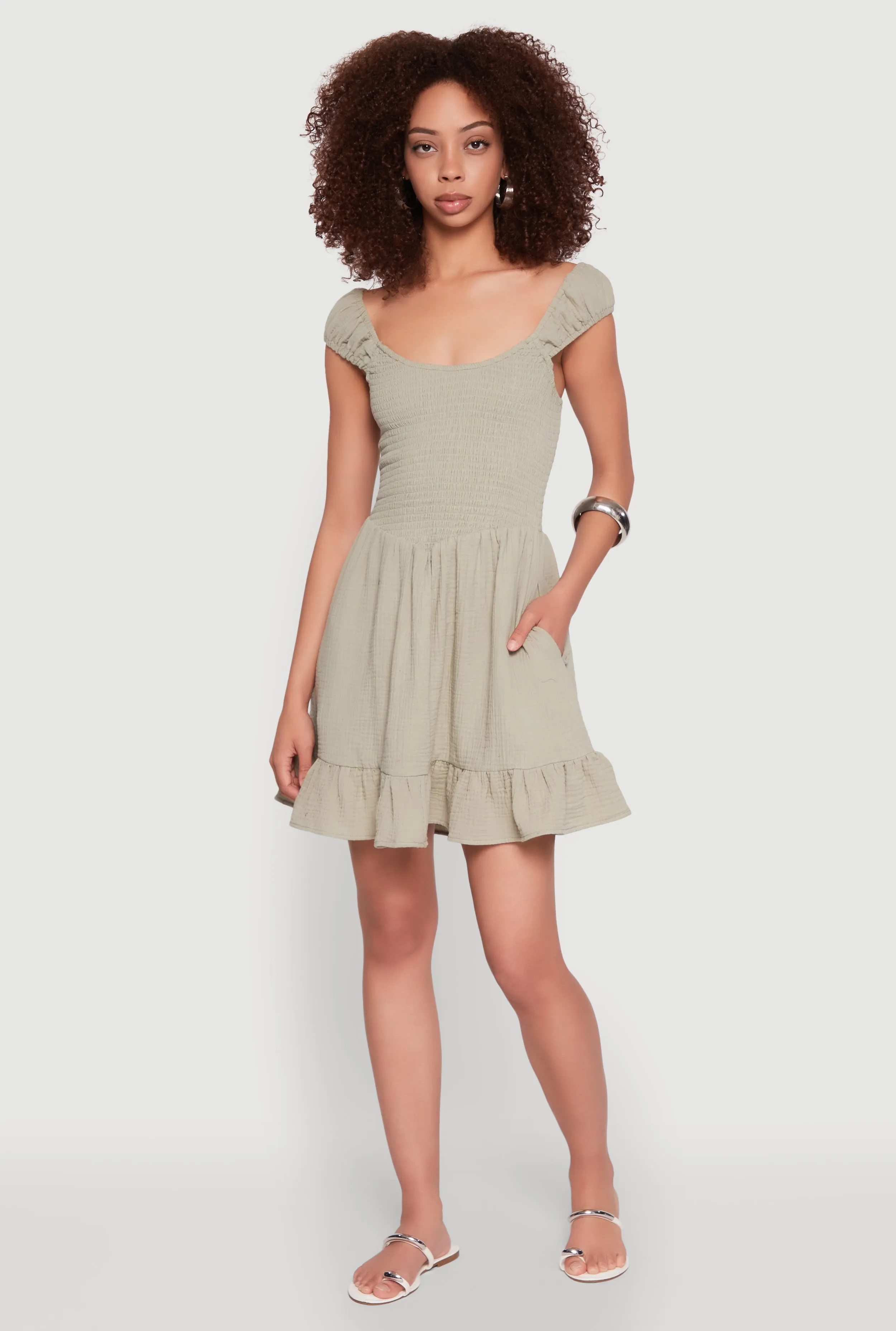 Gauze Knit Smocked Skater Dress fade resistant color City Chic