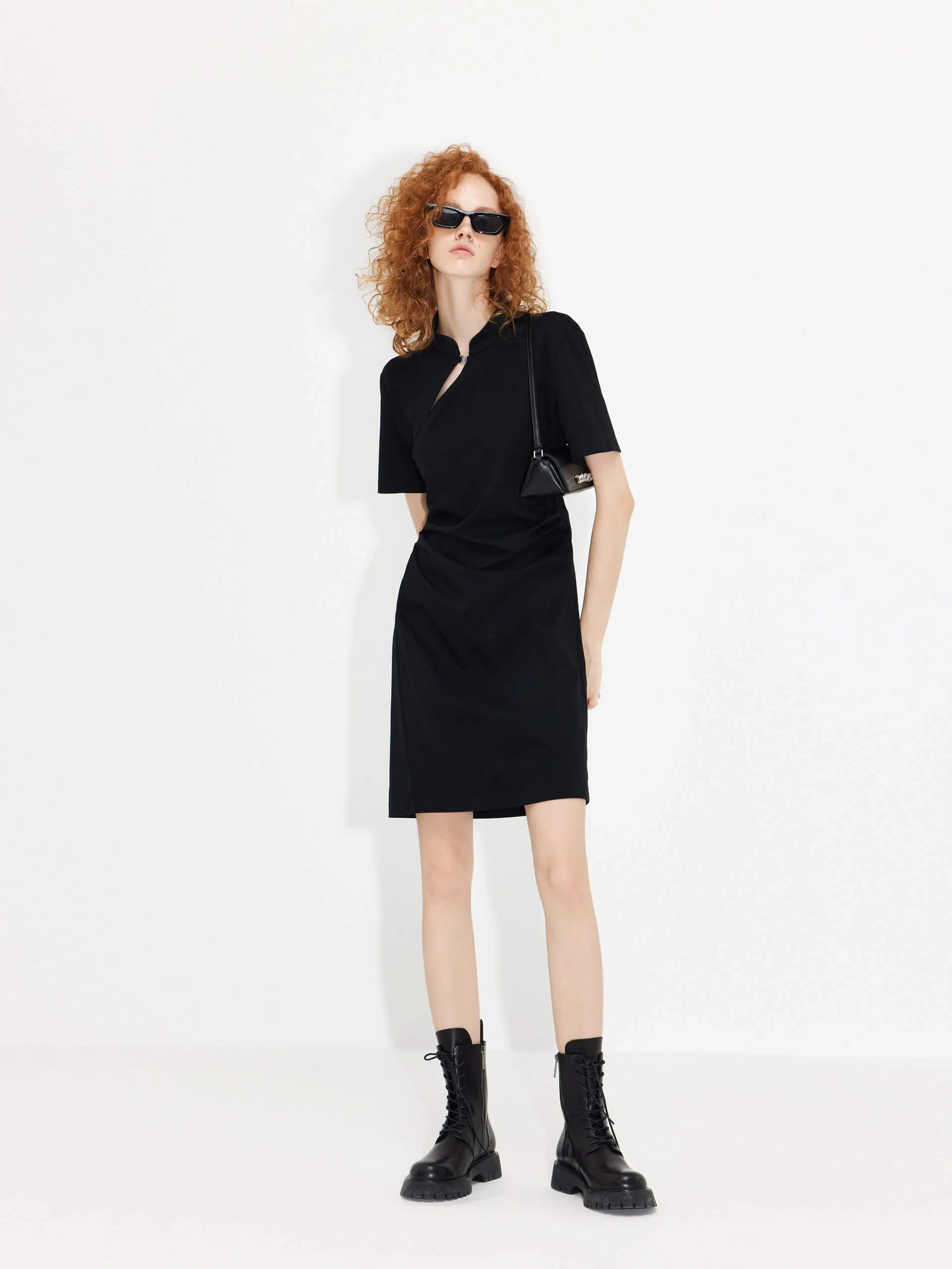 Slim Profile Modern Edge Stand Collar Pleated Dress