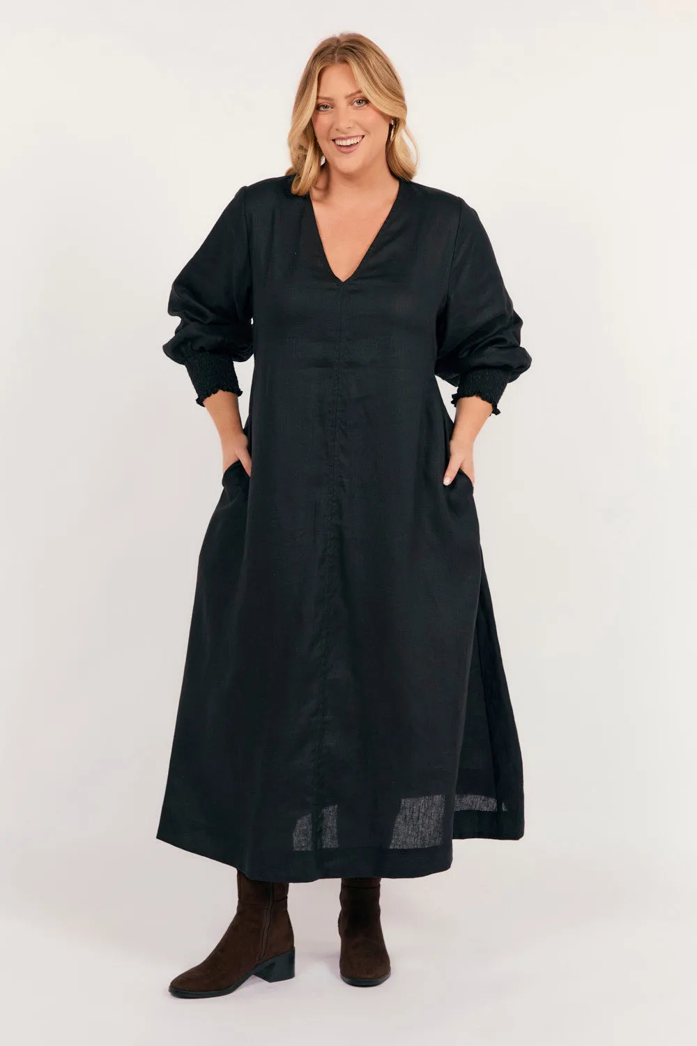 Versatile event attire Tamara Long Sleeve Linen Dress in Black