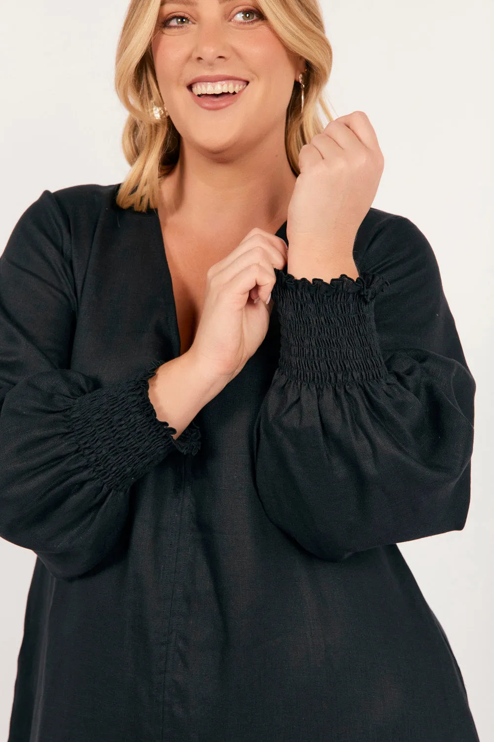 Tamara Long Sleeve Linen Dress in Black Agate Shine Autumn Tone