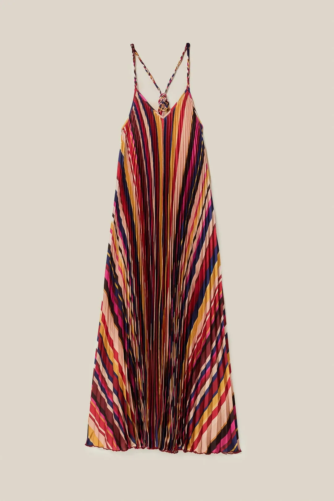 Multicolor Diagonal Stripes Pleated Stripes Midi Dress Dance Floor Grace Mood