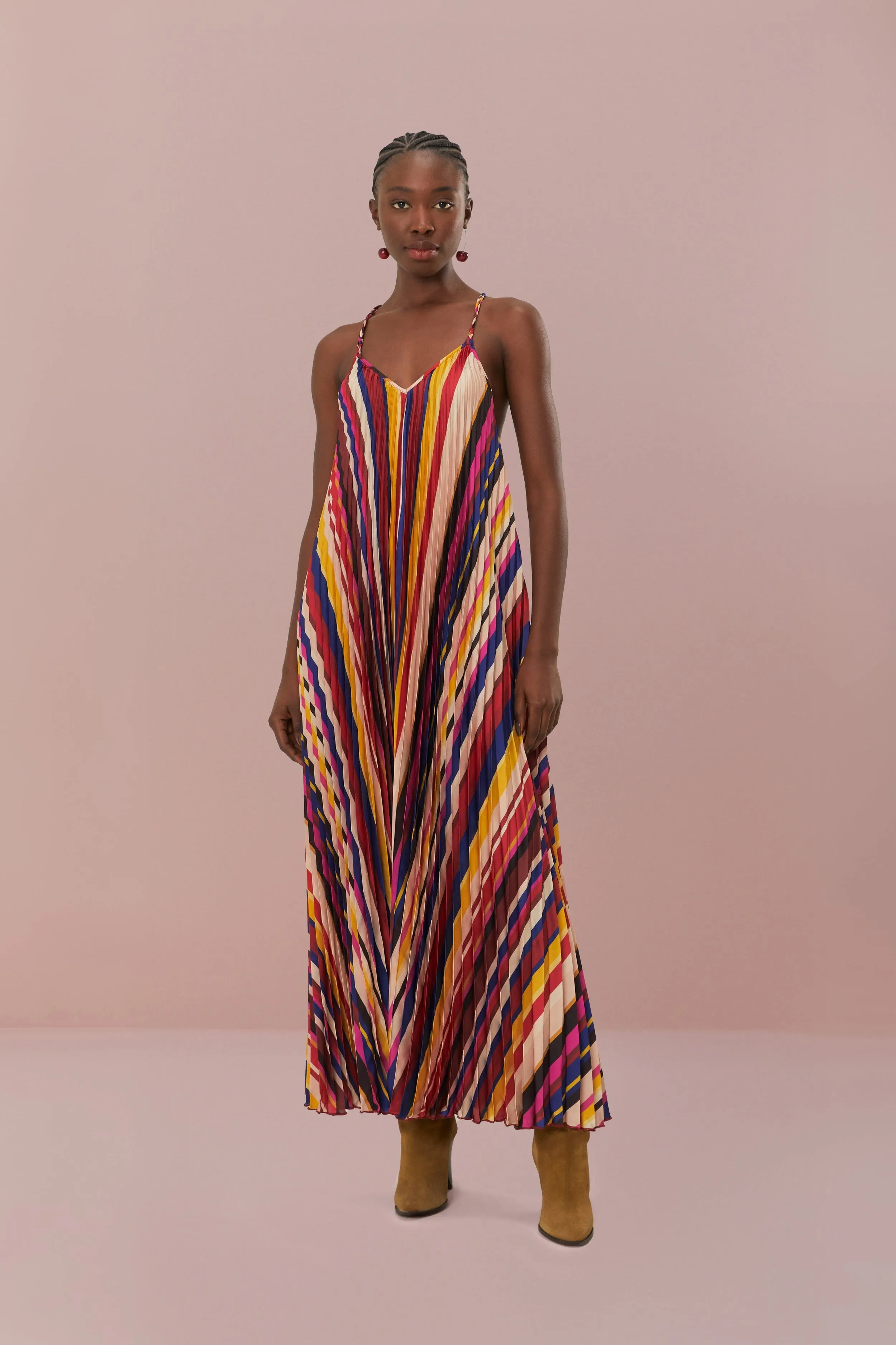 Multicolor Diagonal Stripes Pleated Stripes Midi Dress Relaxed Look