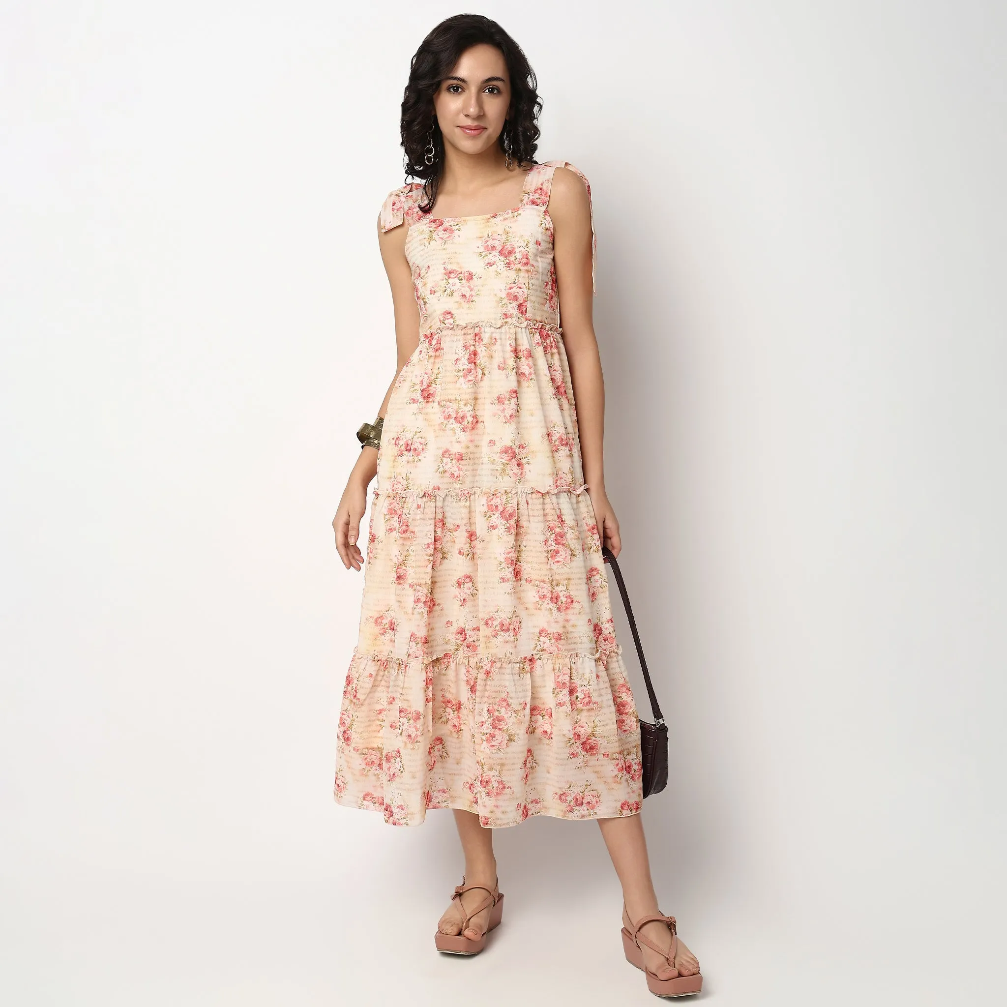 Inner Glow Floral Tie-Up Straps Flare Fit Dress