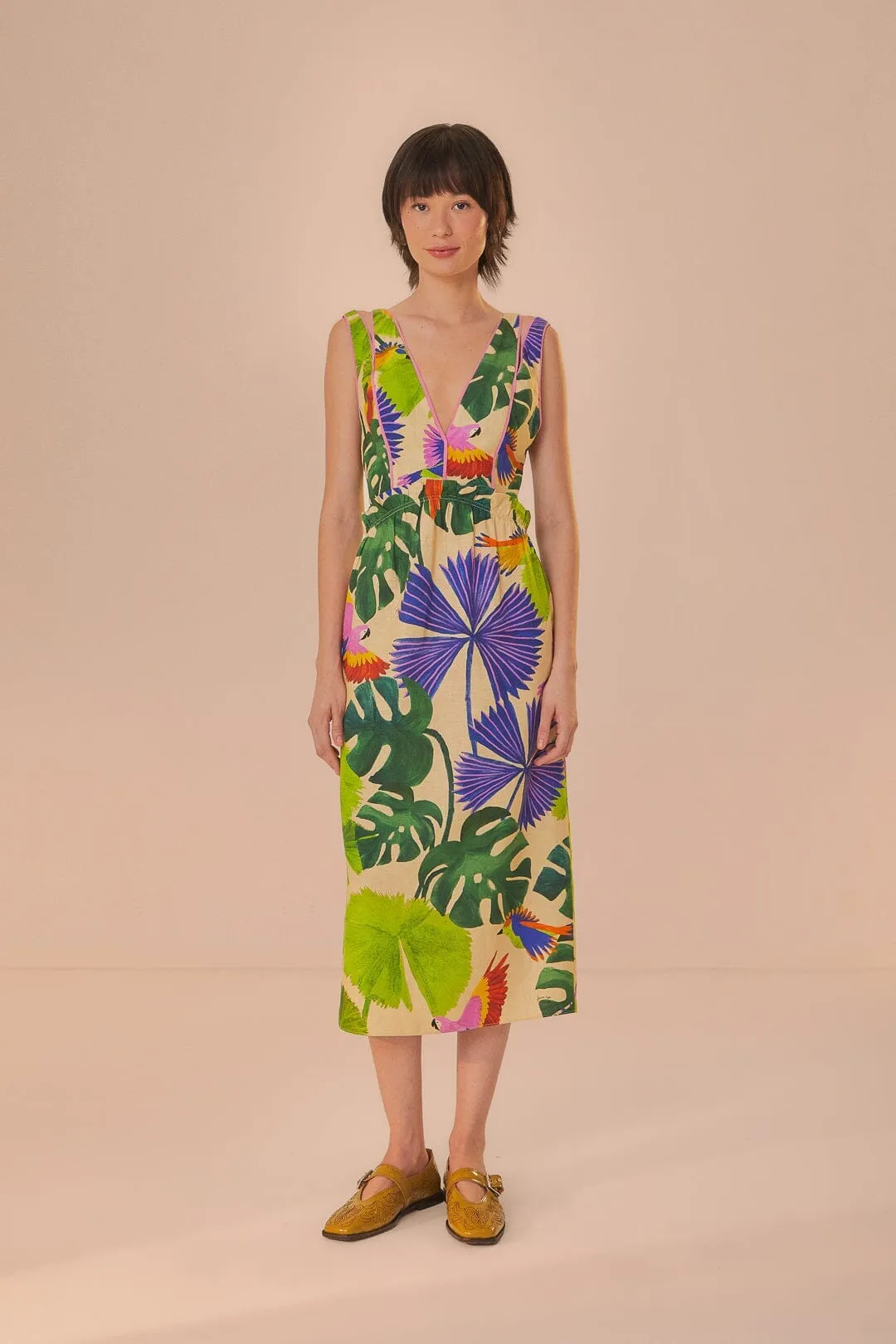 Sand Macaw Jungle V Neck Midi Dress Perfect Fit Snow Path