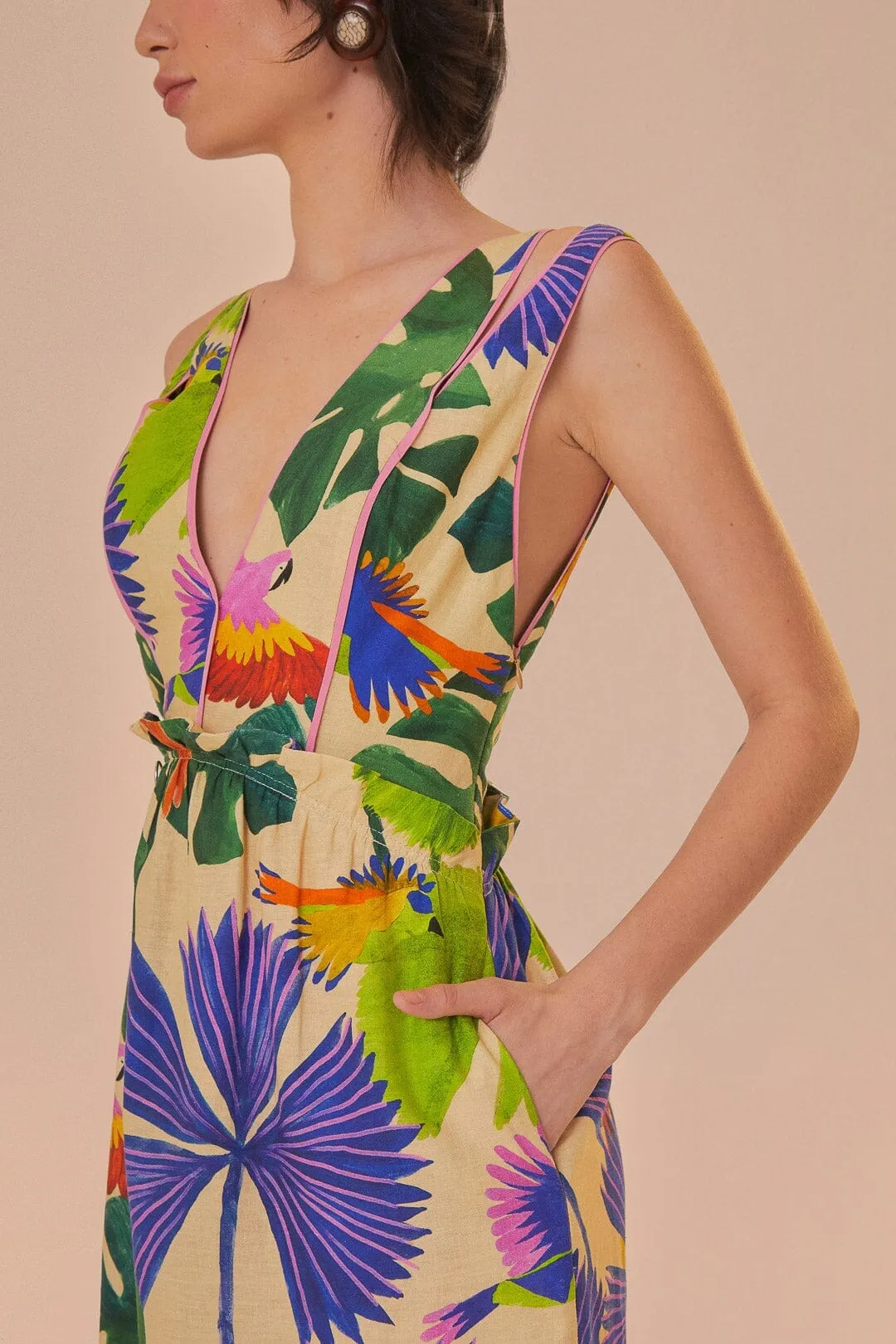 Sand Macaw Jungle V Neck Midi Dress Low Effort