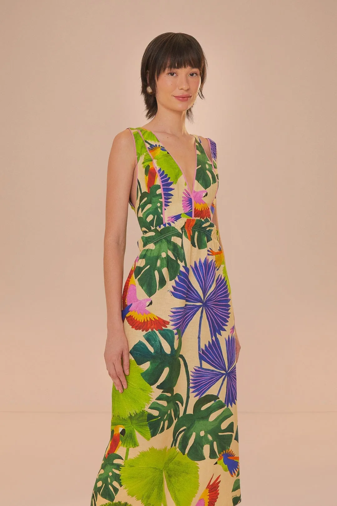 Sand Macaw Jungle V Neck Midi Dress Body Confident