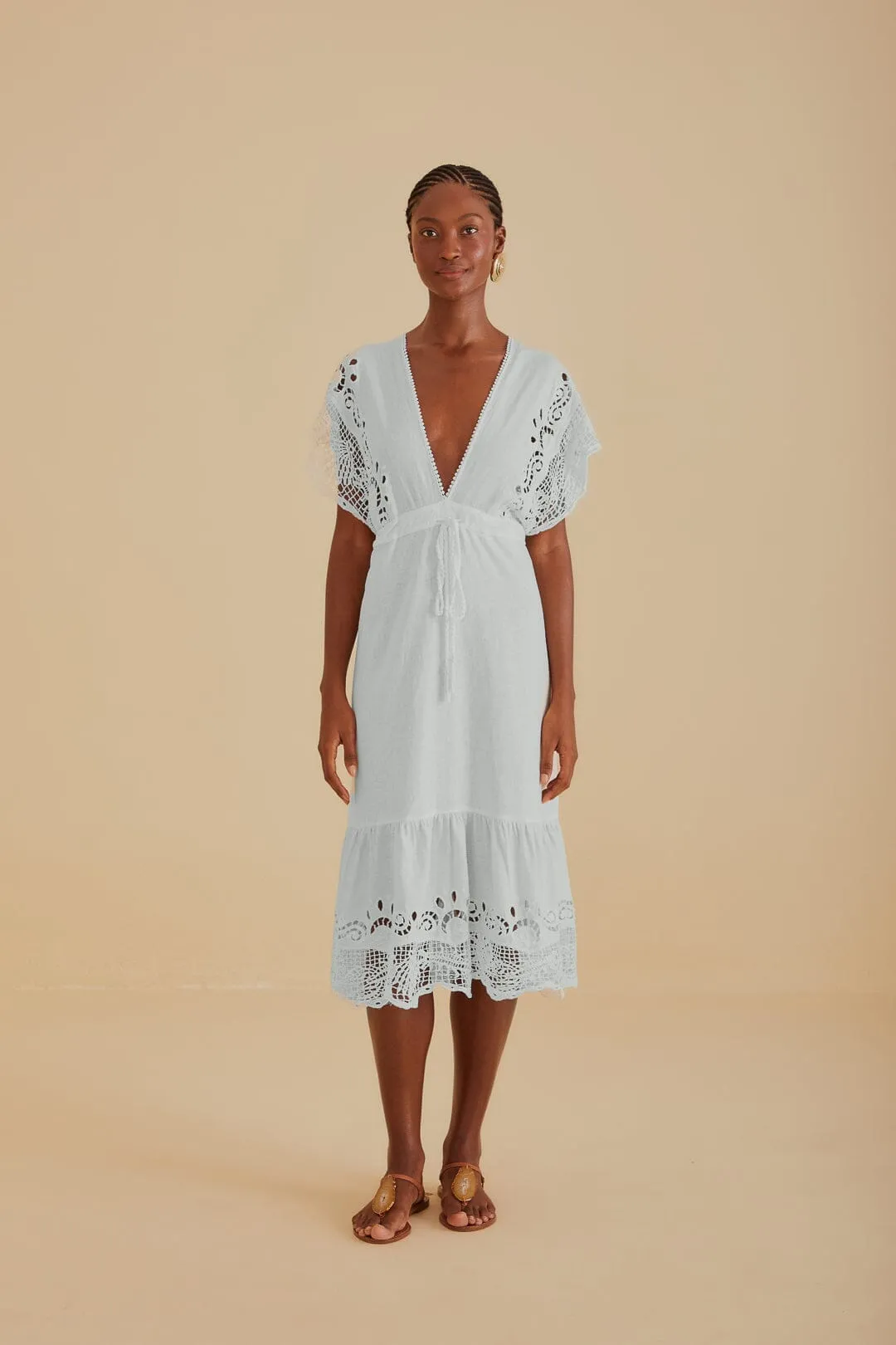 Shell Path Playful and feminine dress Off-White Embroidered Guipure Euroflax? Premium Linen Midi Dress