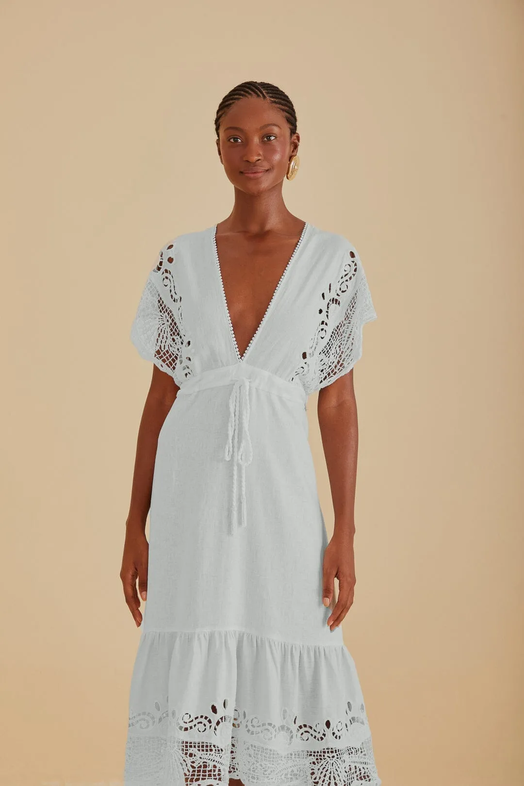 Music Hall Casual Wear Off-White Embroidered Guipure Euroflax? Premium Linen Midi Dress