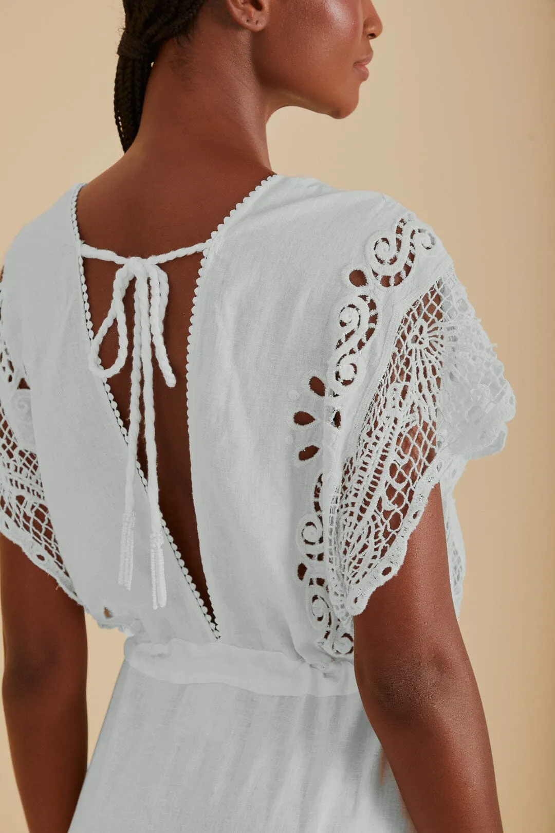 Off-White Embroidered Guipure Euroflax? Premium Linen Midi Dress Romantic casual midi