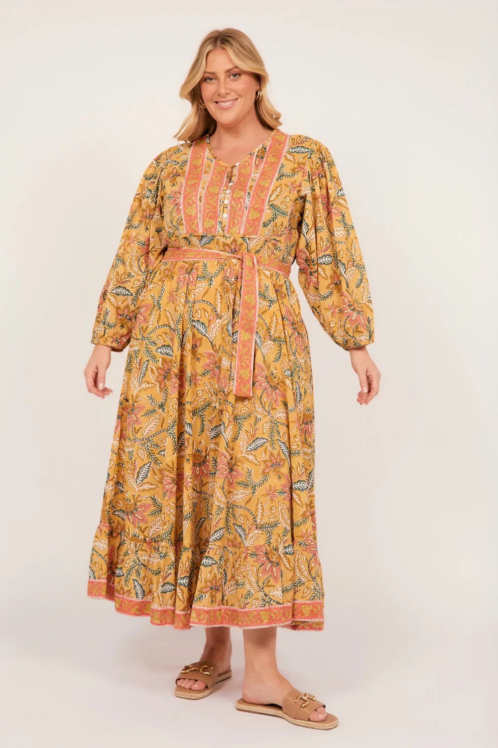 Bonnie Umbrella Dress in Sunshine Pine Path forest calm