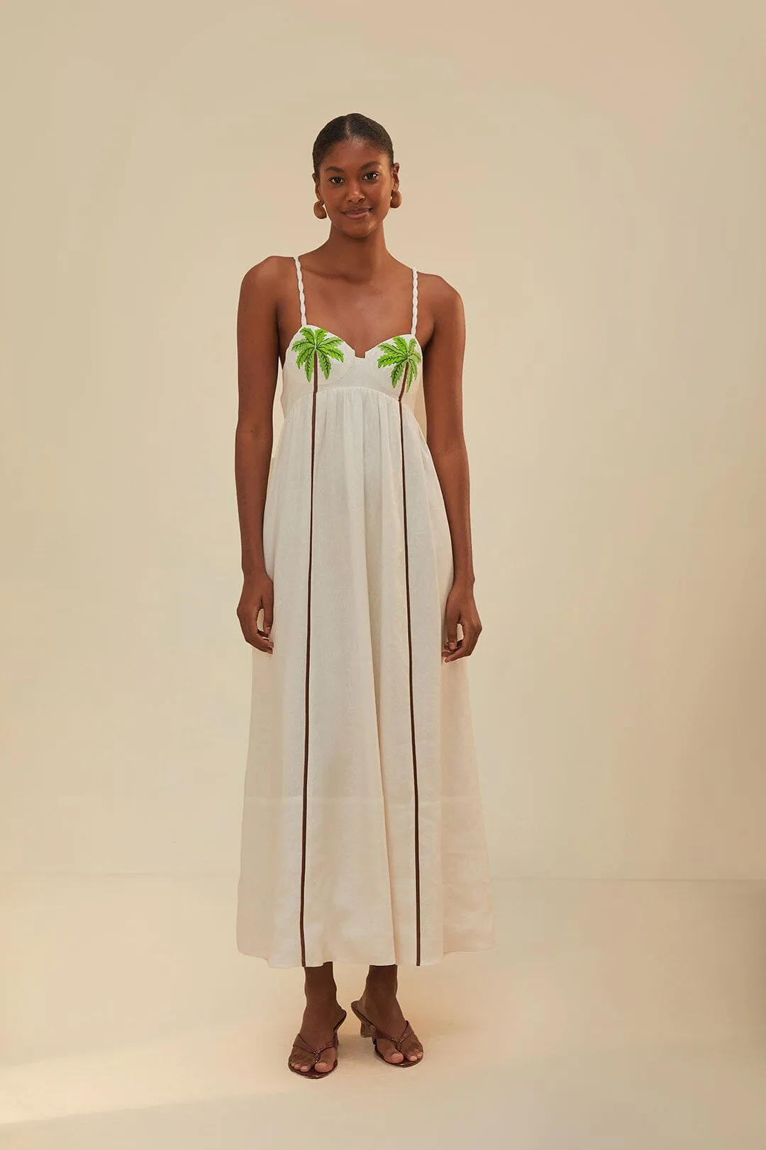Coconut Tree Embroidered Maxi Dress Ivory Shine