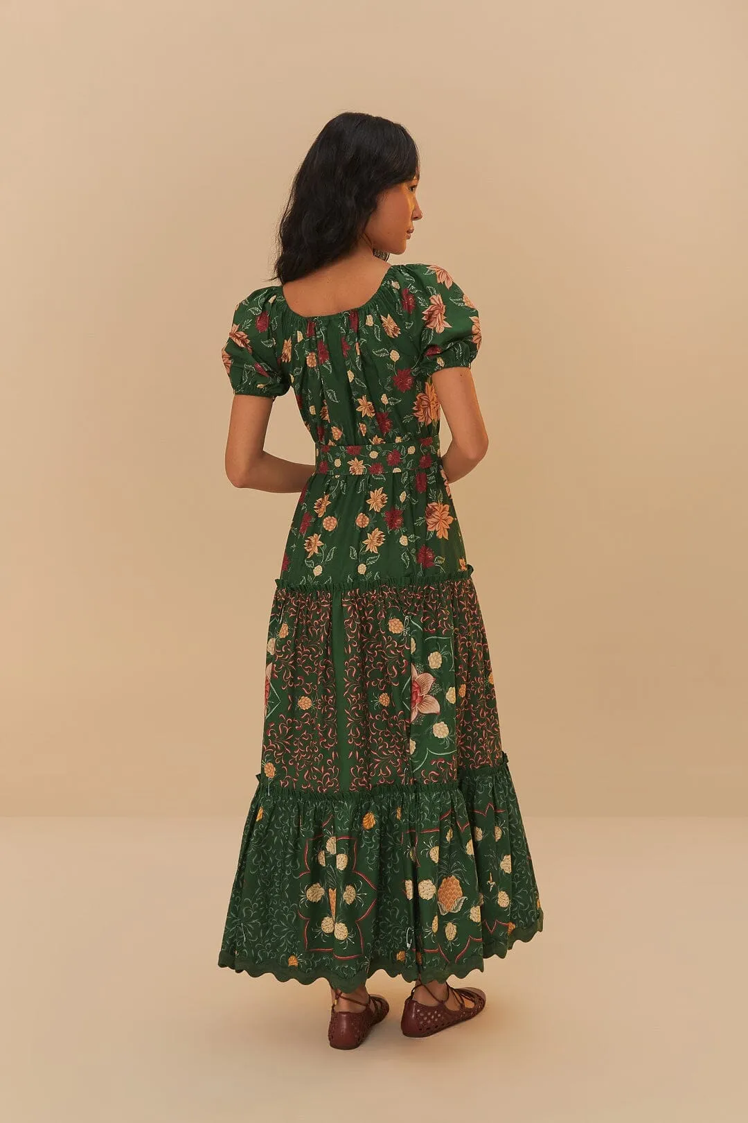 Green Pineapple Garden Organic Cotton Maxi Dress Flame Glow