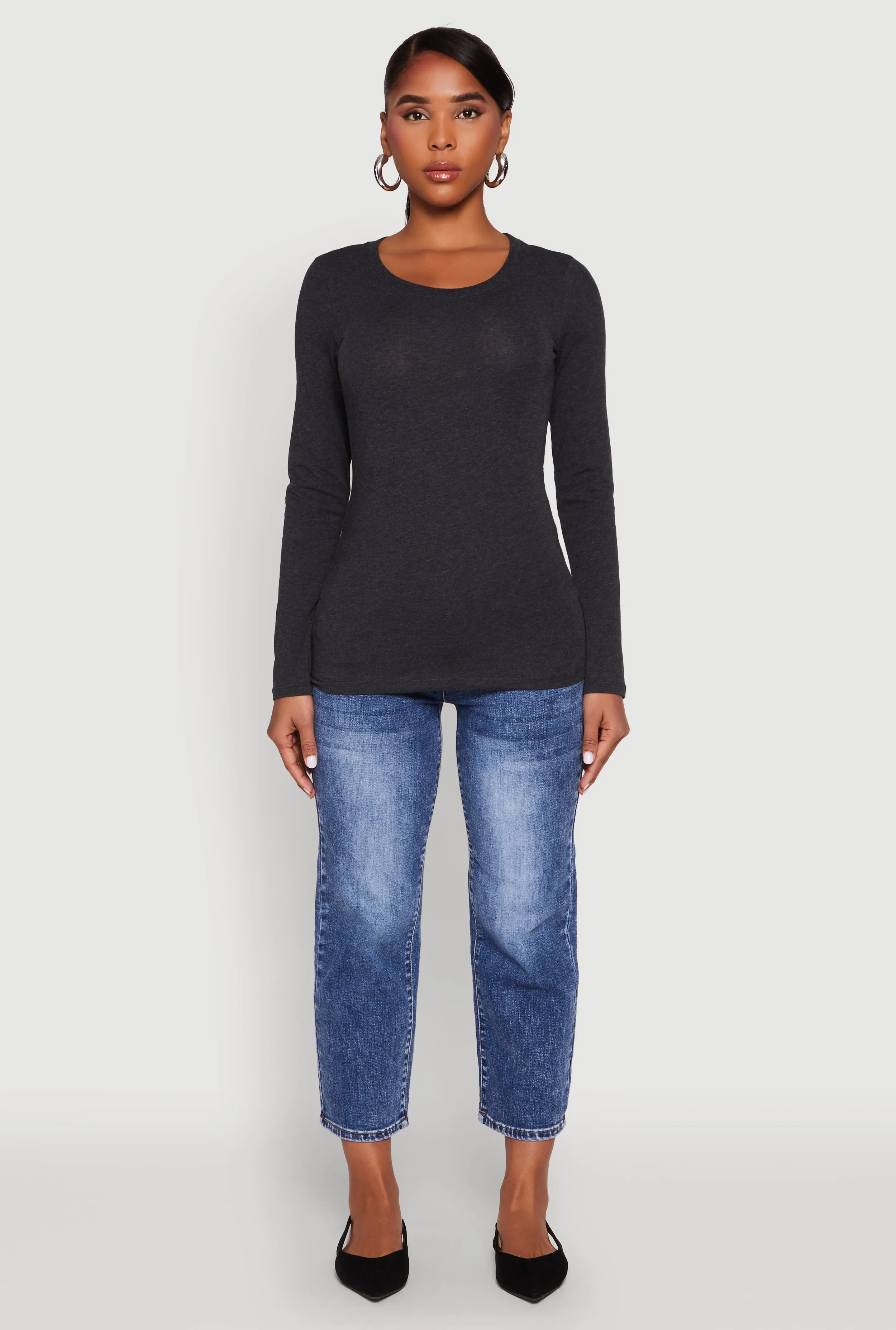 Basic Crew Neck Long Sleeve Tee City Look Raw Hem Finish