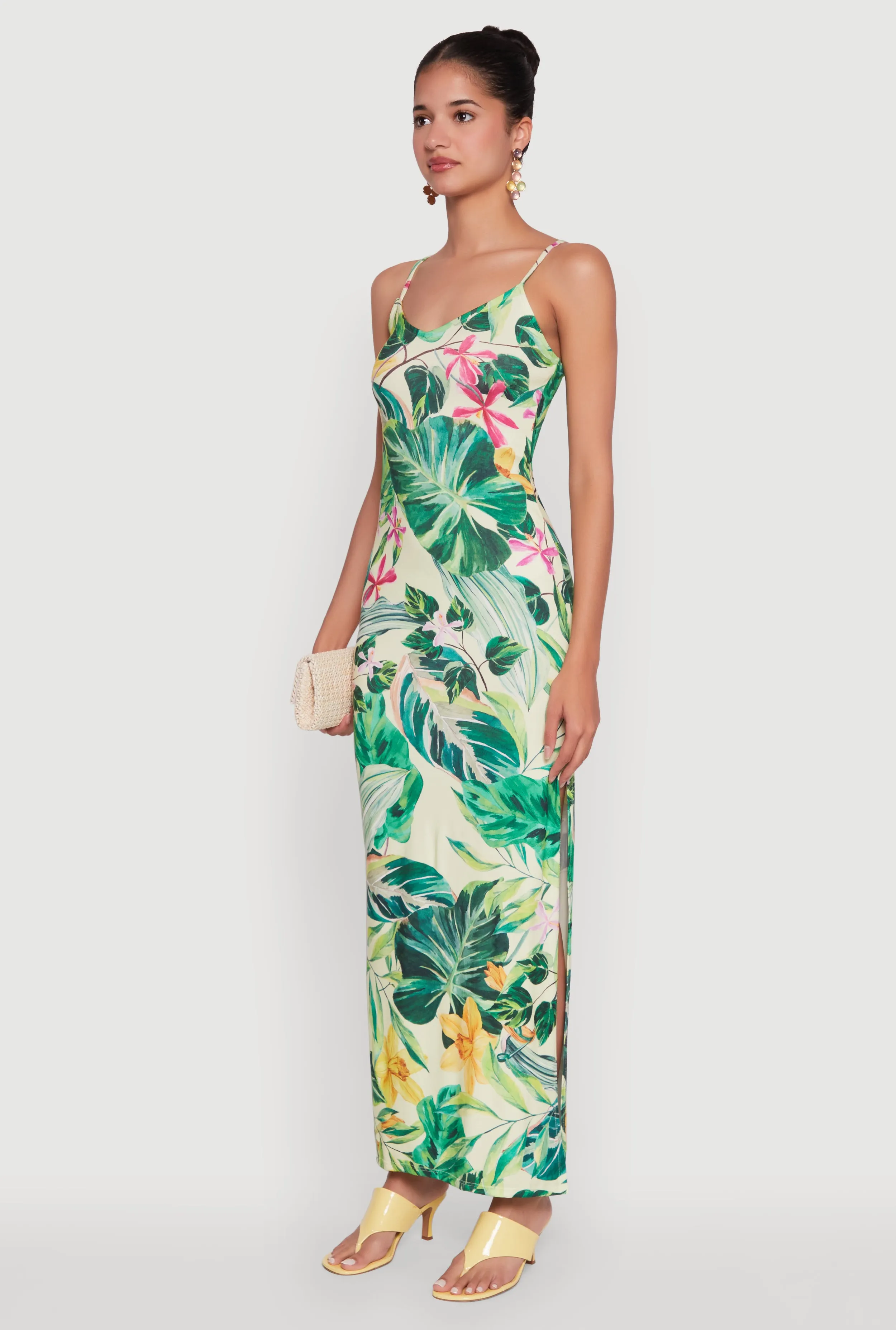 Haute Monde Floral V-Neck Side Slit Dress Ethnic Vibe The simple yet stylish design of this maxi dress makes it an ideal choice for any occasion