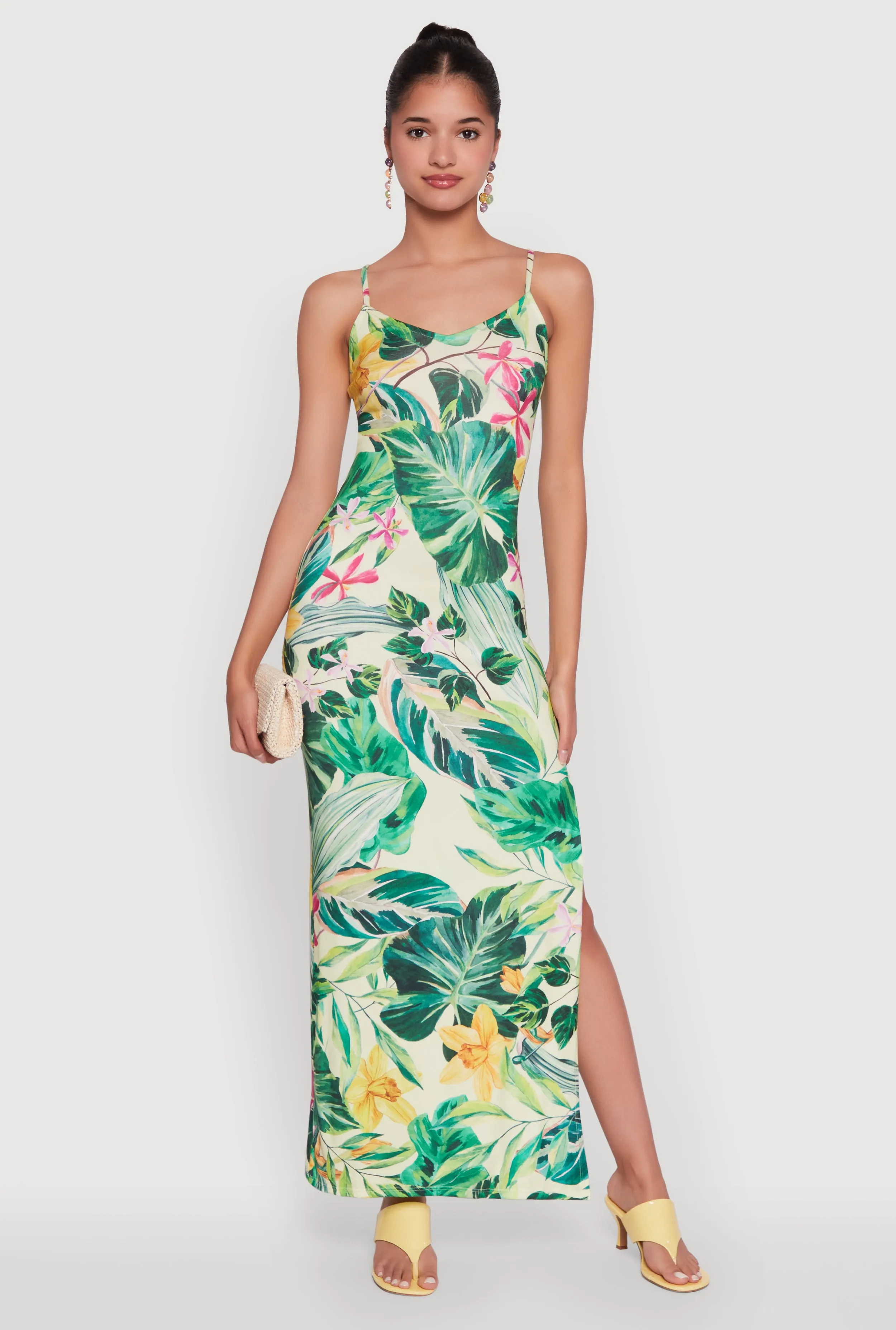 Haute Monde Floral V-Neck Side Slit Dress Cap Sleeve Blush Tone