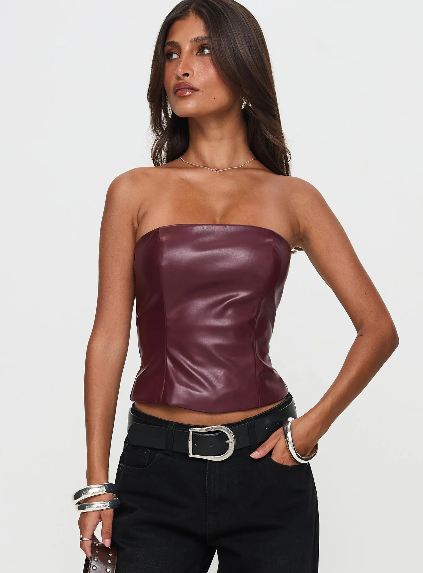 Oaklee Strapless Faux Leather Top Burgundy Bonded Seam Construction