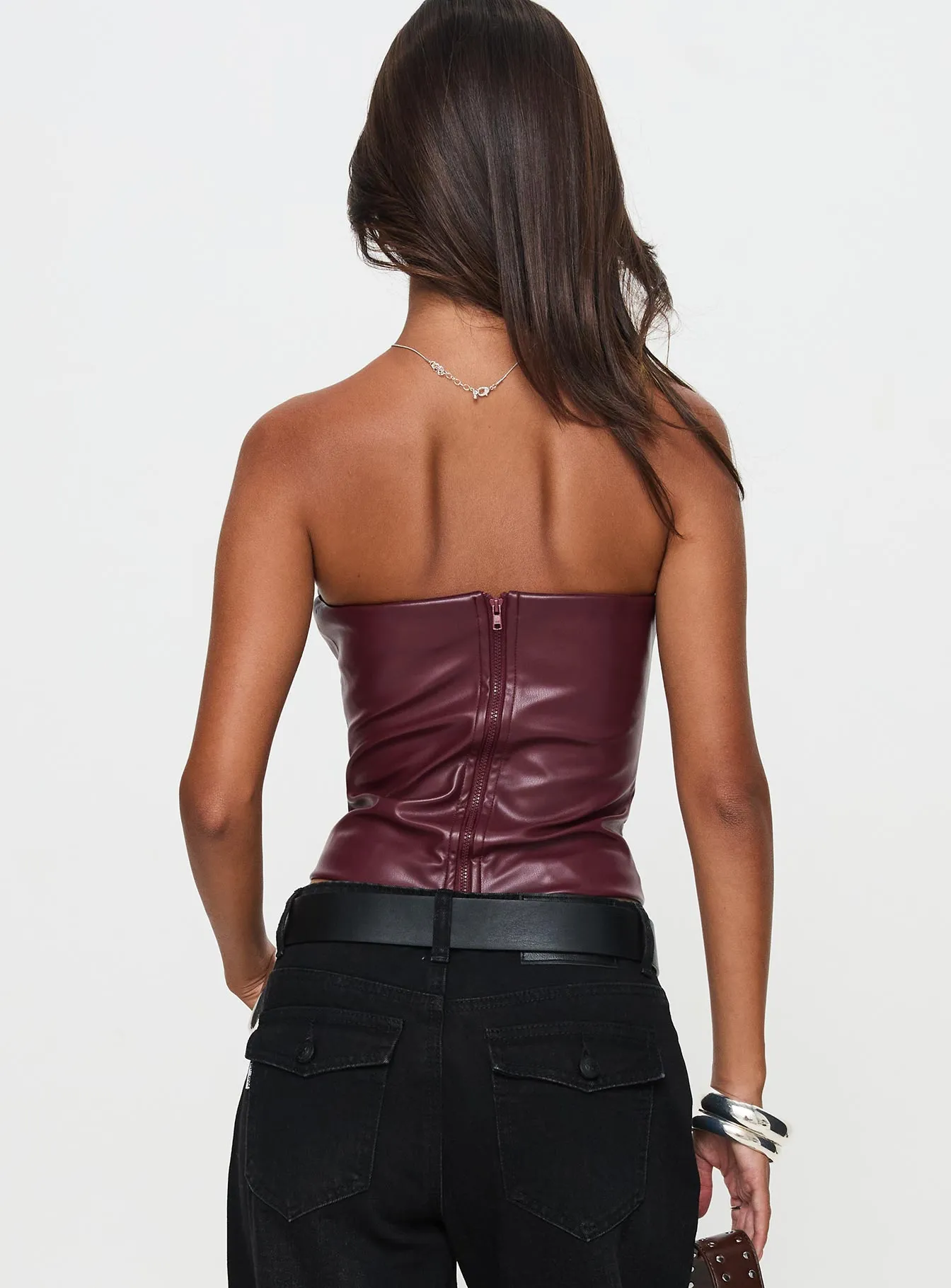 AthleisureReady Oaklee Strapless Faux Leather Top Burgundy