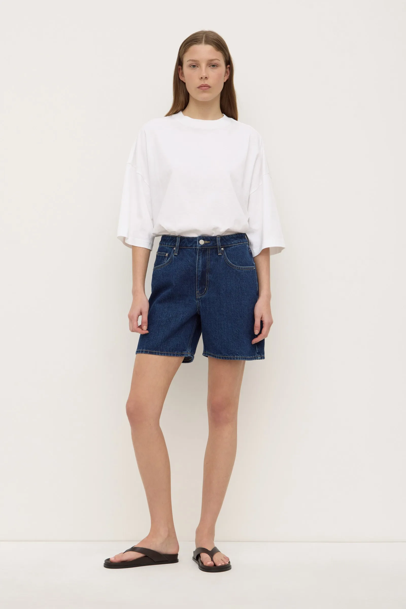 Mid Rise Vintage Denim Short Vegan Leather Low Profile Closure System