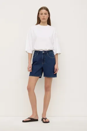 Mid Rise Vintage Denim Short Vegan Leather Low Profile Closure System