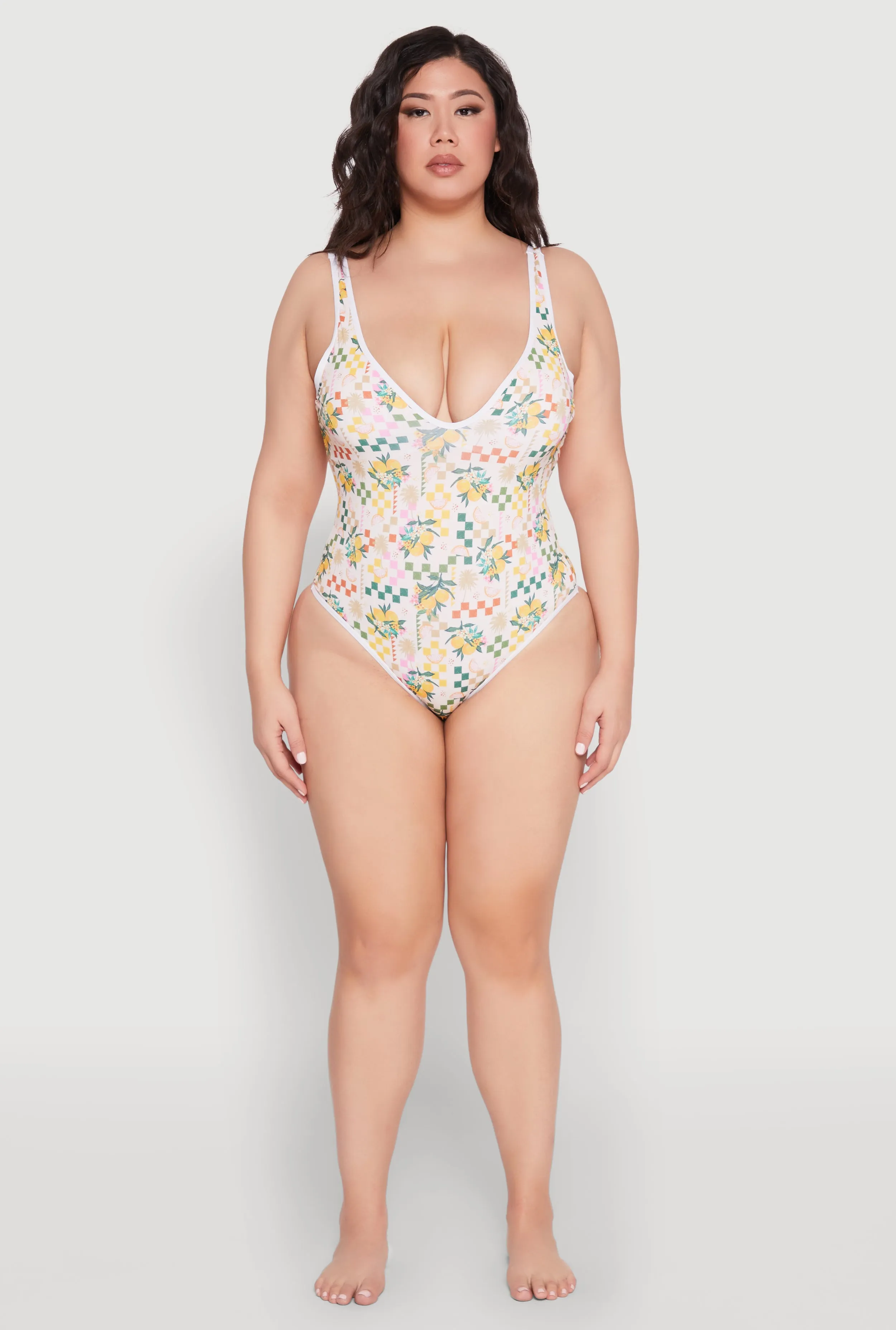 Reinforced Gusset Structure Anti Slip Grip Features Plus Size Citrus Pattern One Piece Swimsuit