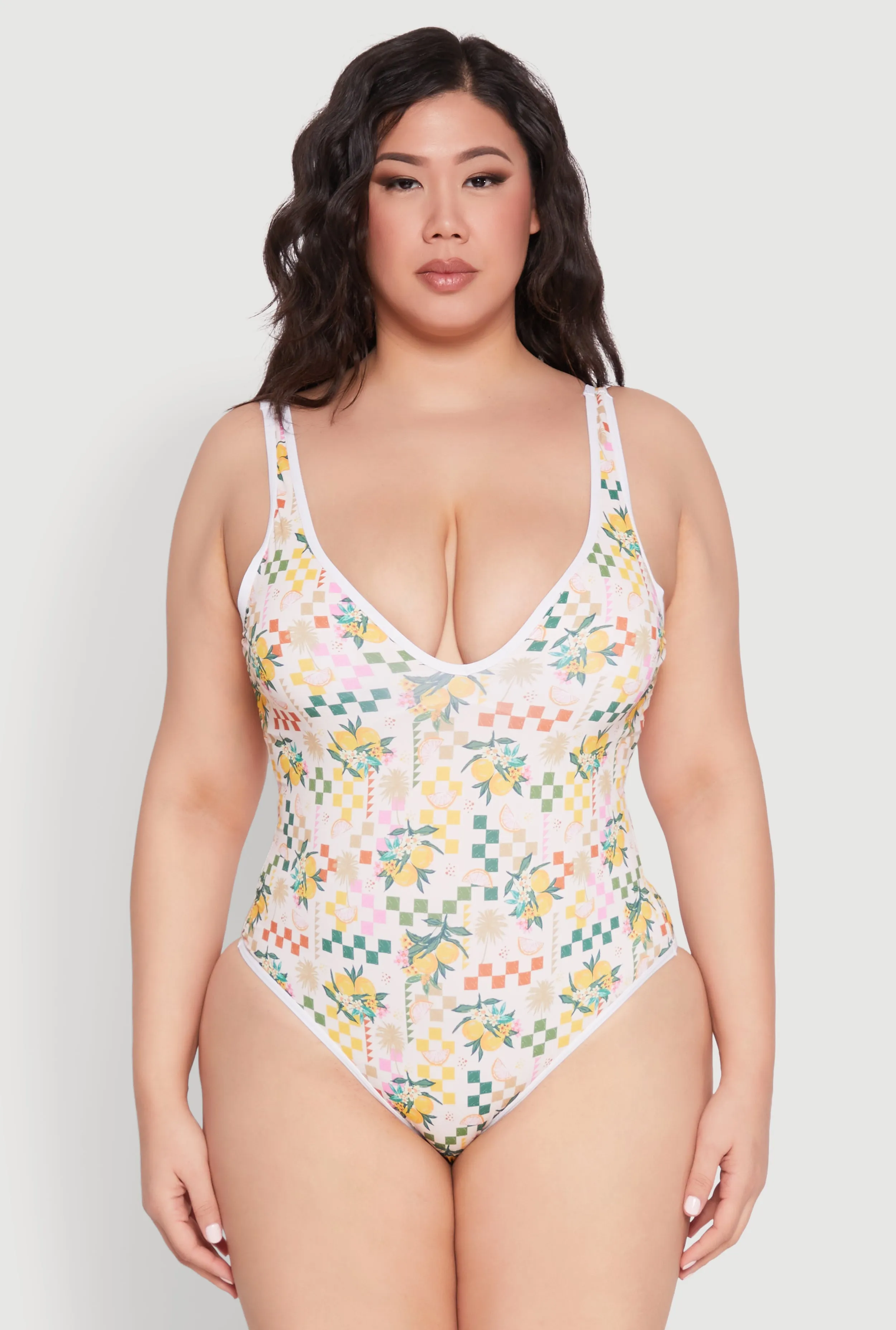 Plus Size Citrus Pattern One Piece Swimsuit Flex Fit Waistband Engineering Molded Cups