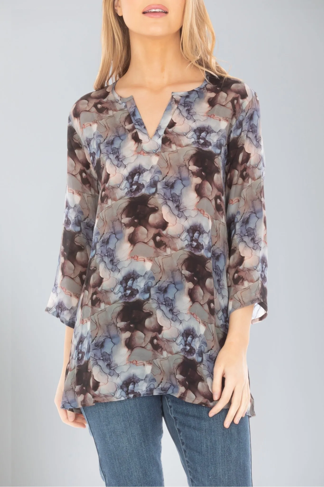 Organic Ease MultiFunctional Pockets 3/4 Sleeve V-Neck Notch Top