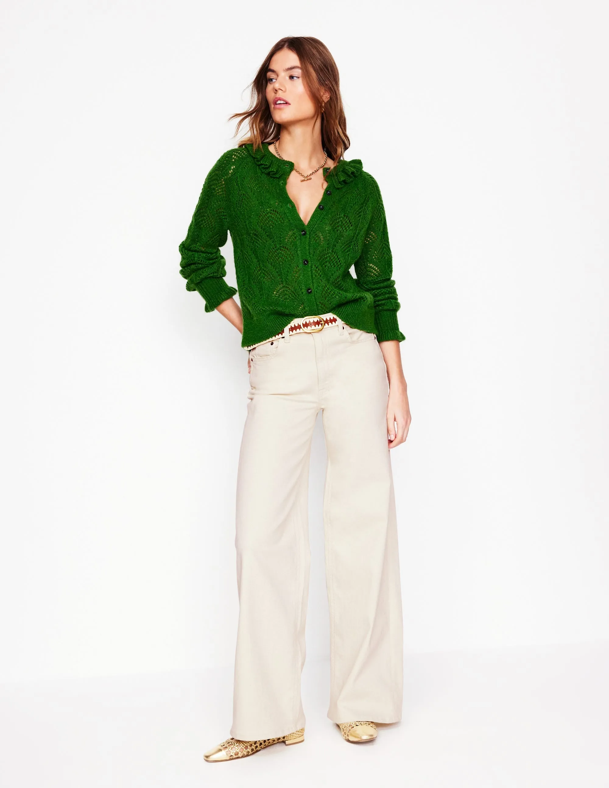 Recycled Material High Rise Wide Leg Jeans-Ecru