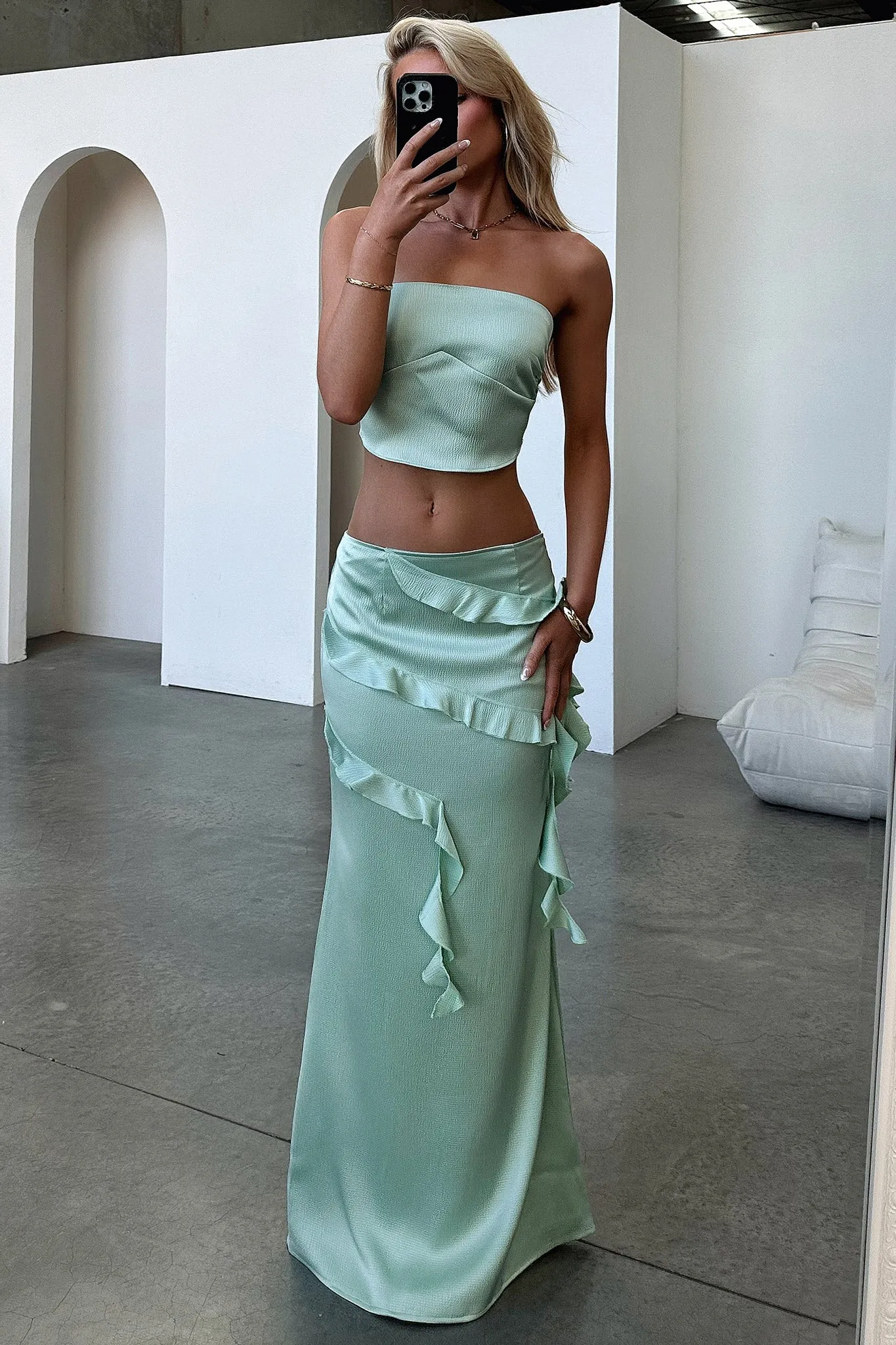 Raima Satin Ruffle Maxi Skirt - Green Light Touch Breathable Comfort