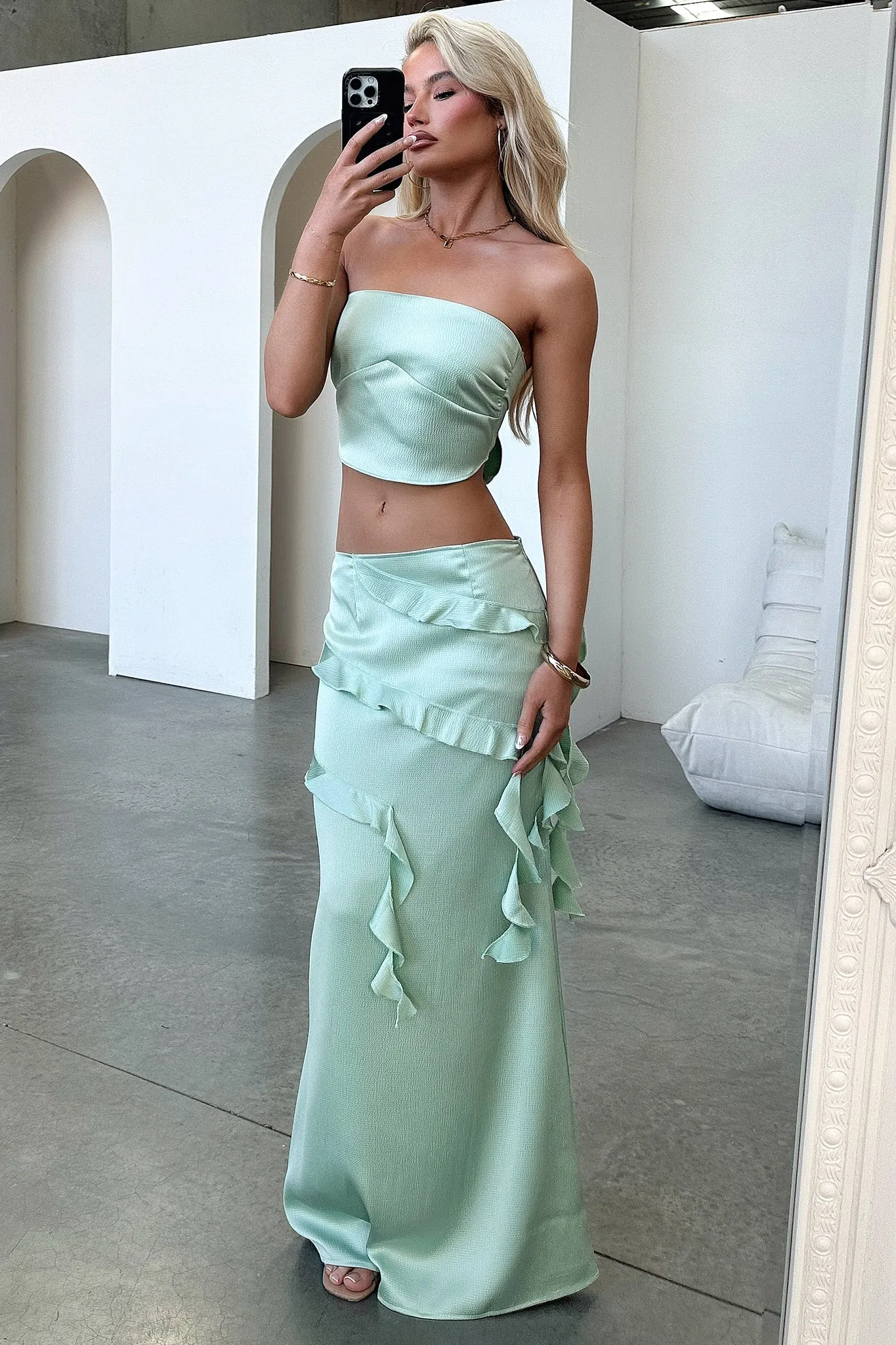 Raima Satin Ruffle Maxi Skirt - Green Eco Friendly