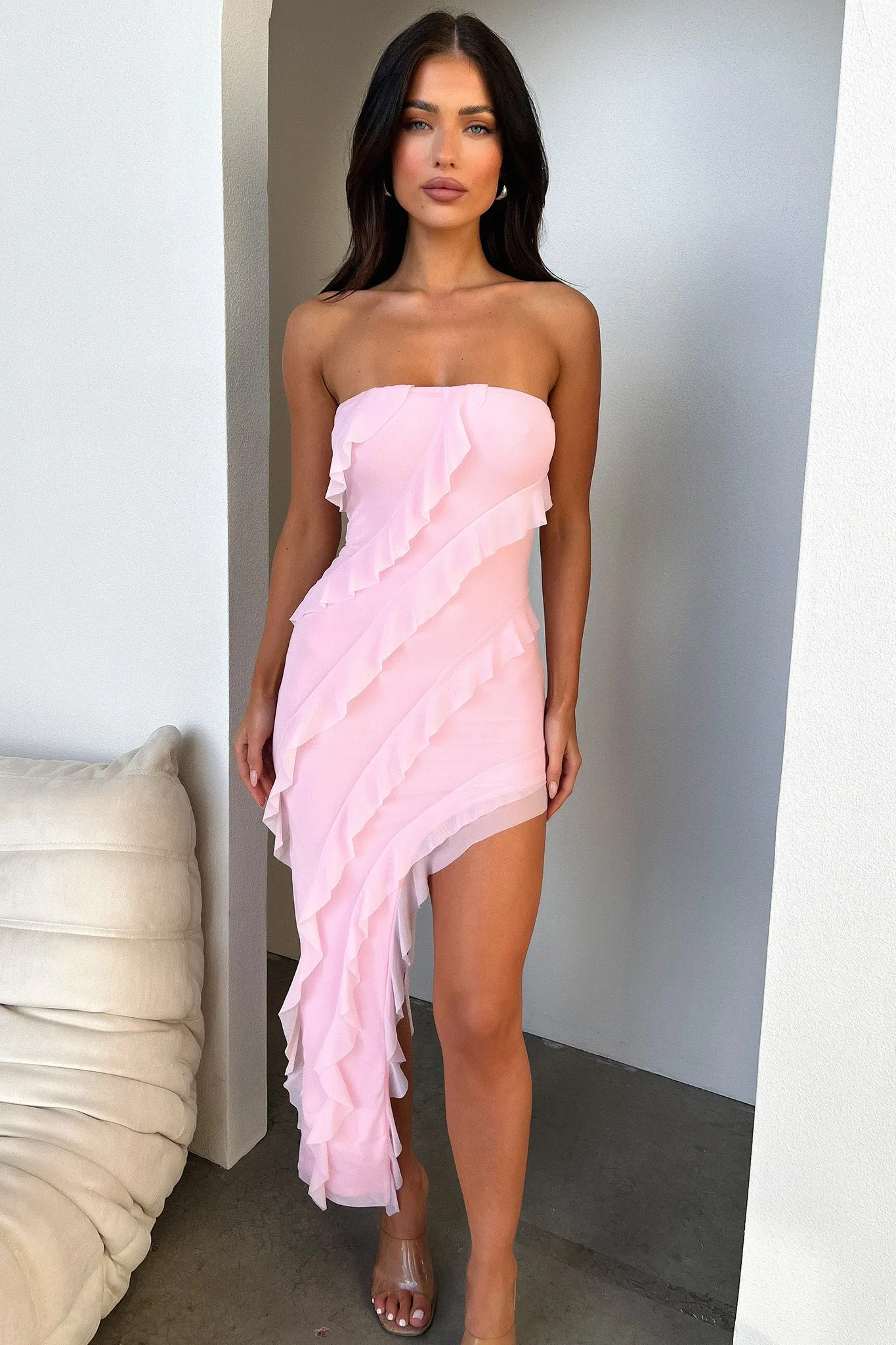 Casual Glam Layering friendly Jadore Strapless Ruffle Midi Dress - Pink