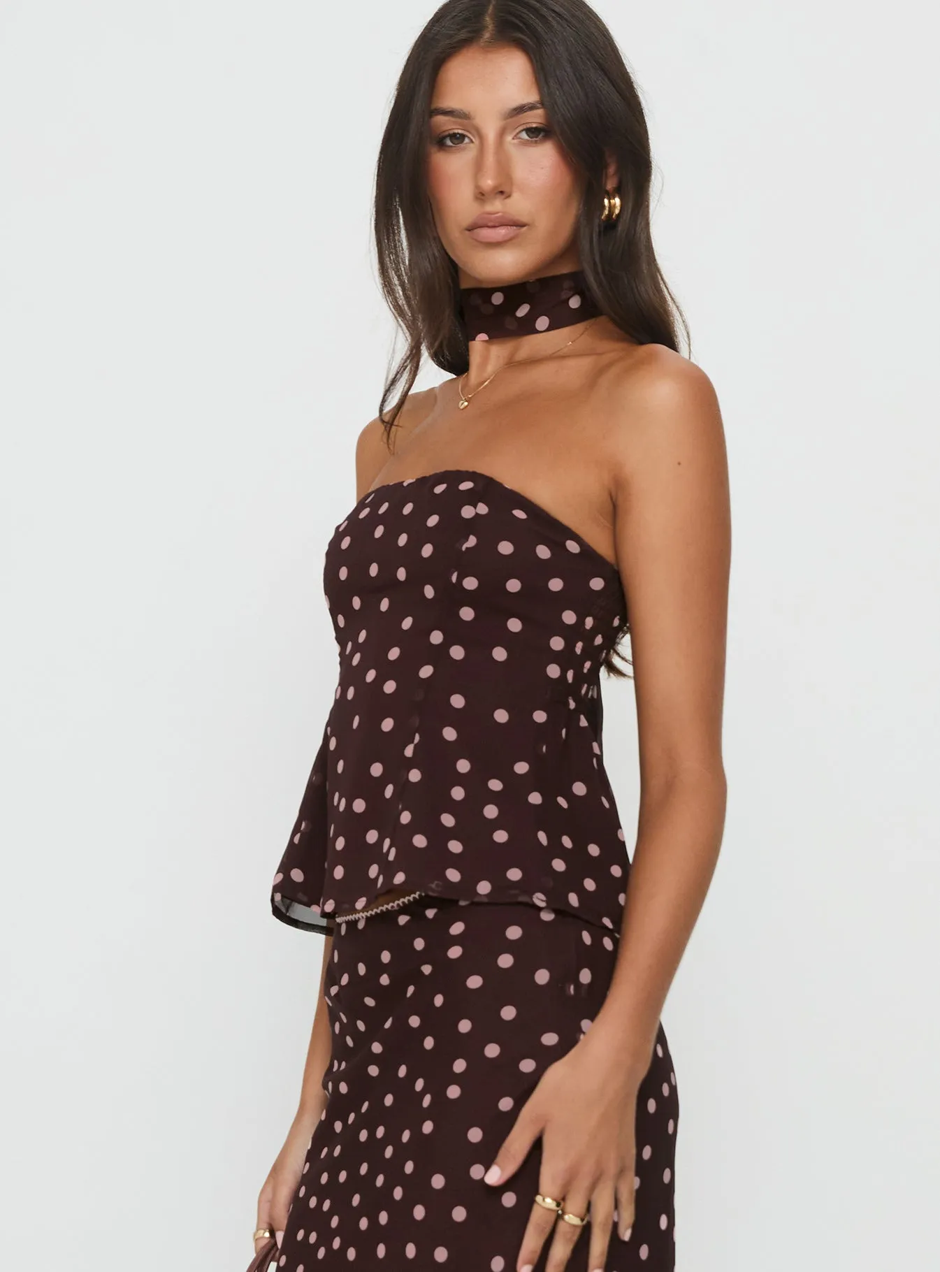 Full Coverage Fit Ultra Soft Handfeel Sydni Scarf Detail Strapless Top Chocolate / Pink Polka