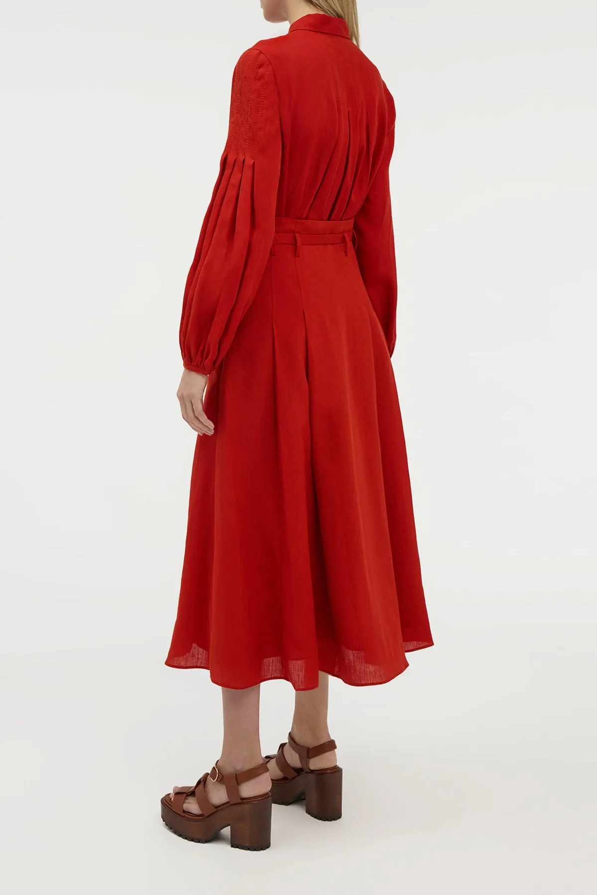 Dugald Pleated Midi Skirt in Antelope Orange Aloe Linen Flex Fit Sharp Line