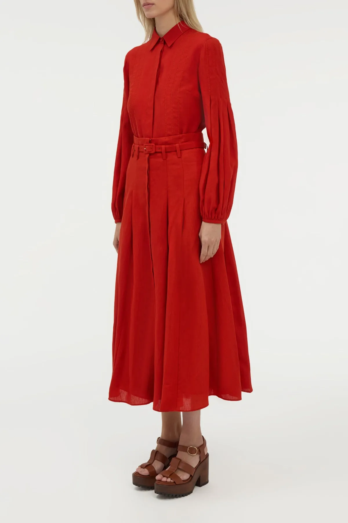 Dugald Pleated Midi Skirt in Antelope Orange Aloe Linen Weighted Hem Ethically Made