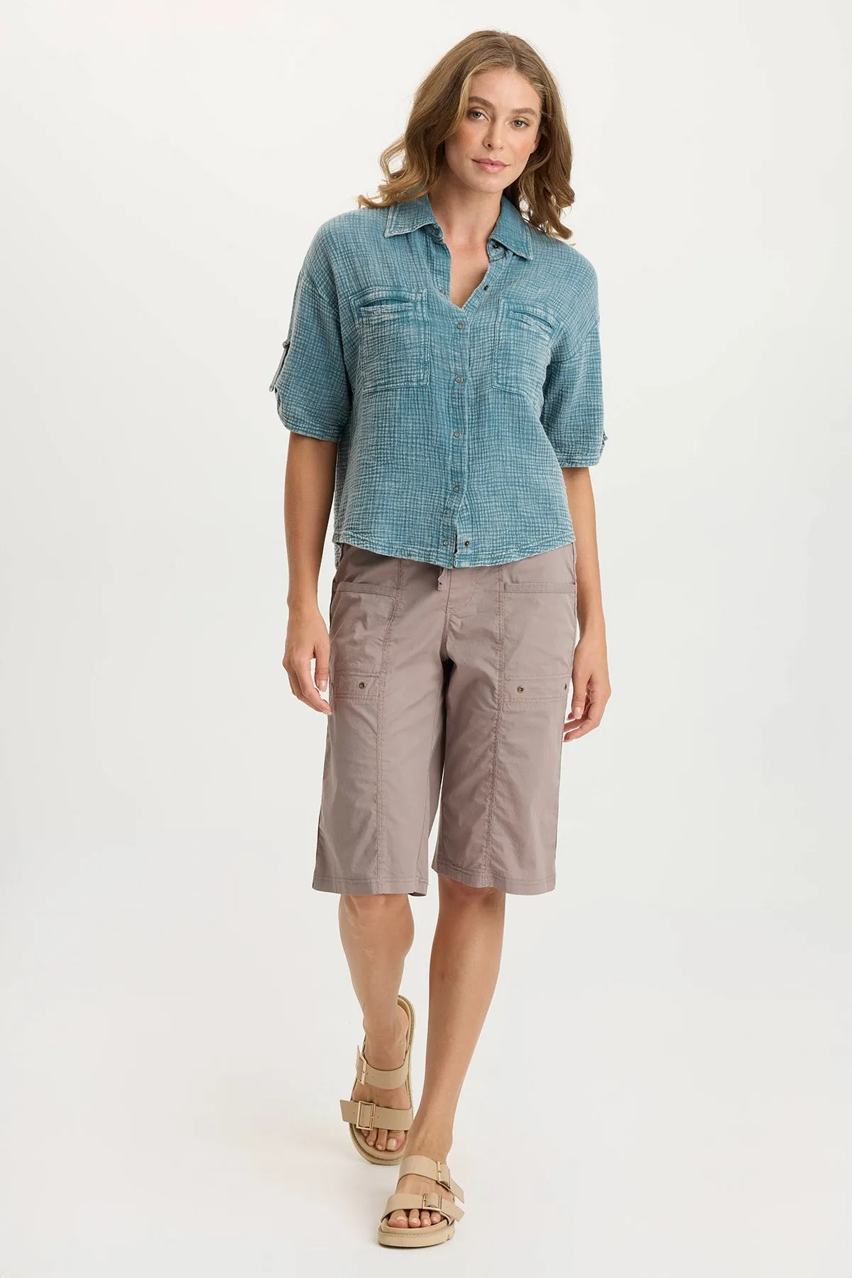 AdjustableWaistband StretchPaneling Maurise Gauze/Jersey Tabbed-Sleeve Snap-Up Top